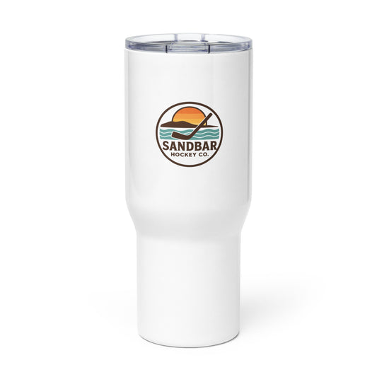 White hockey travel mug front view with Sandbar Hockey Co. sunset logo and clear lid.