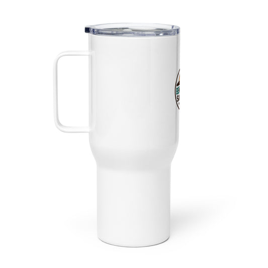 White hockey travel mug left side view with handle and clear lid.