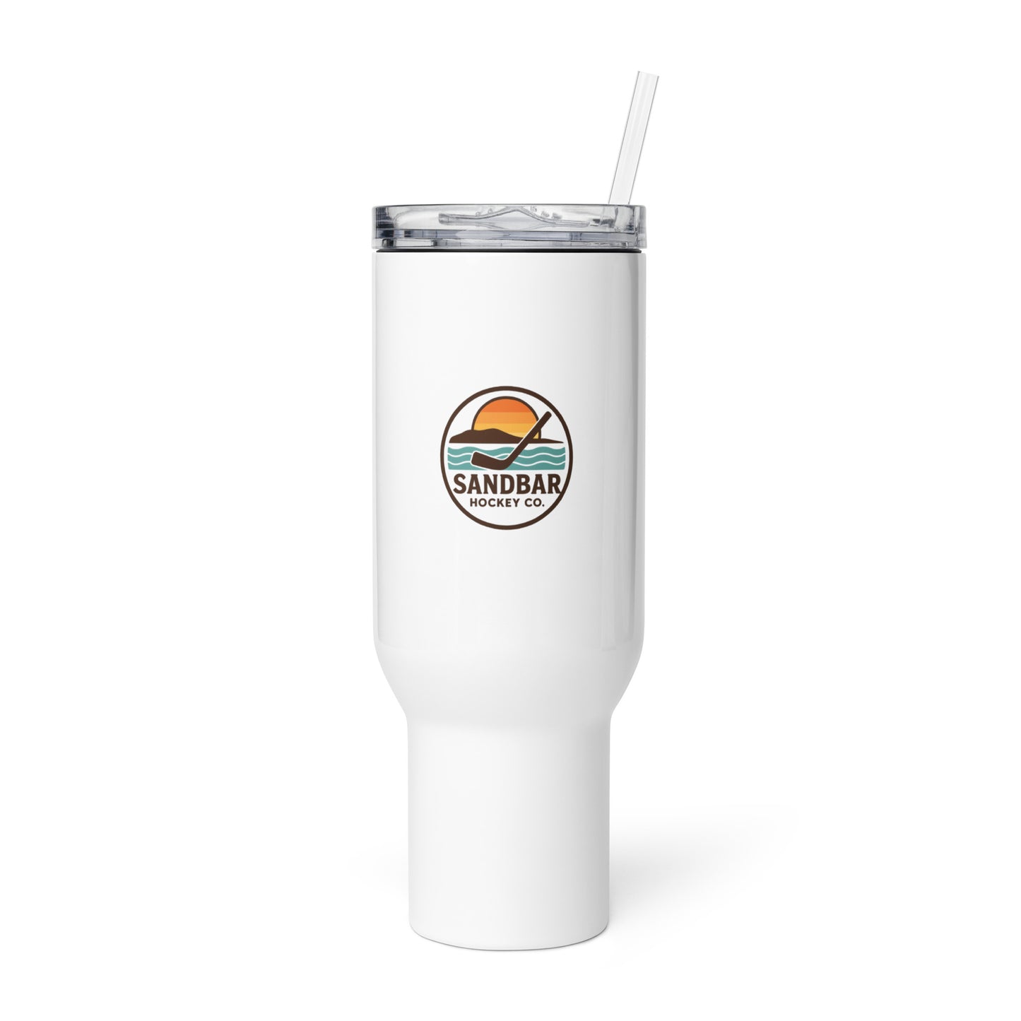 White hockey travel mug front view from a distance with Sandbar Hockey Co. sunset logo and clear lid.