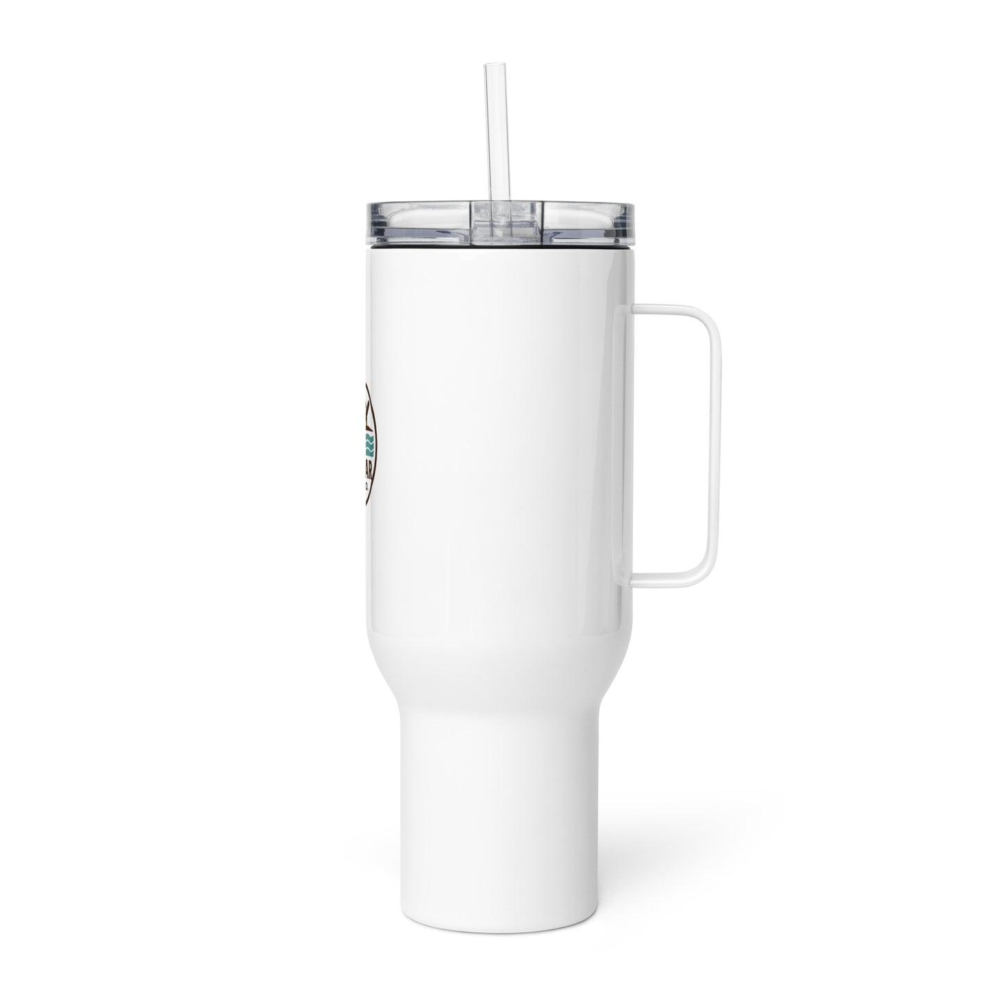 White hockey travel mug right side view with handle and clear lid.