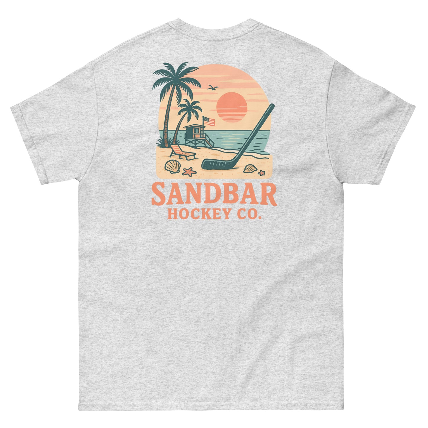 Ash hockey t-shirt back side with beach sunset lifeguard stand graphic and Sandbar Hockey Co. logo
