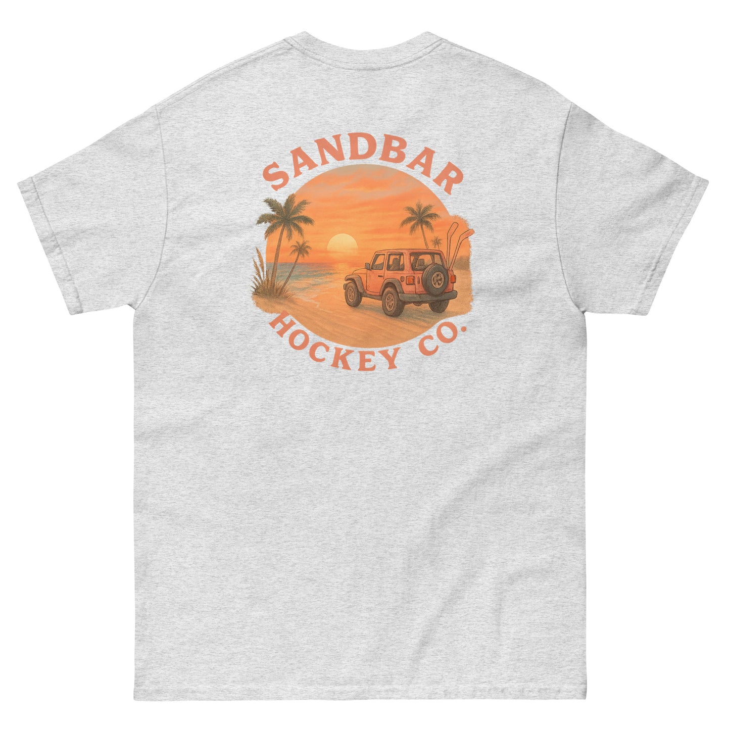Ash hockey t-shirt back side with beach sunset jeep graphic and Sandbar Hockey Co. logo