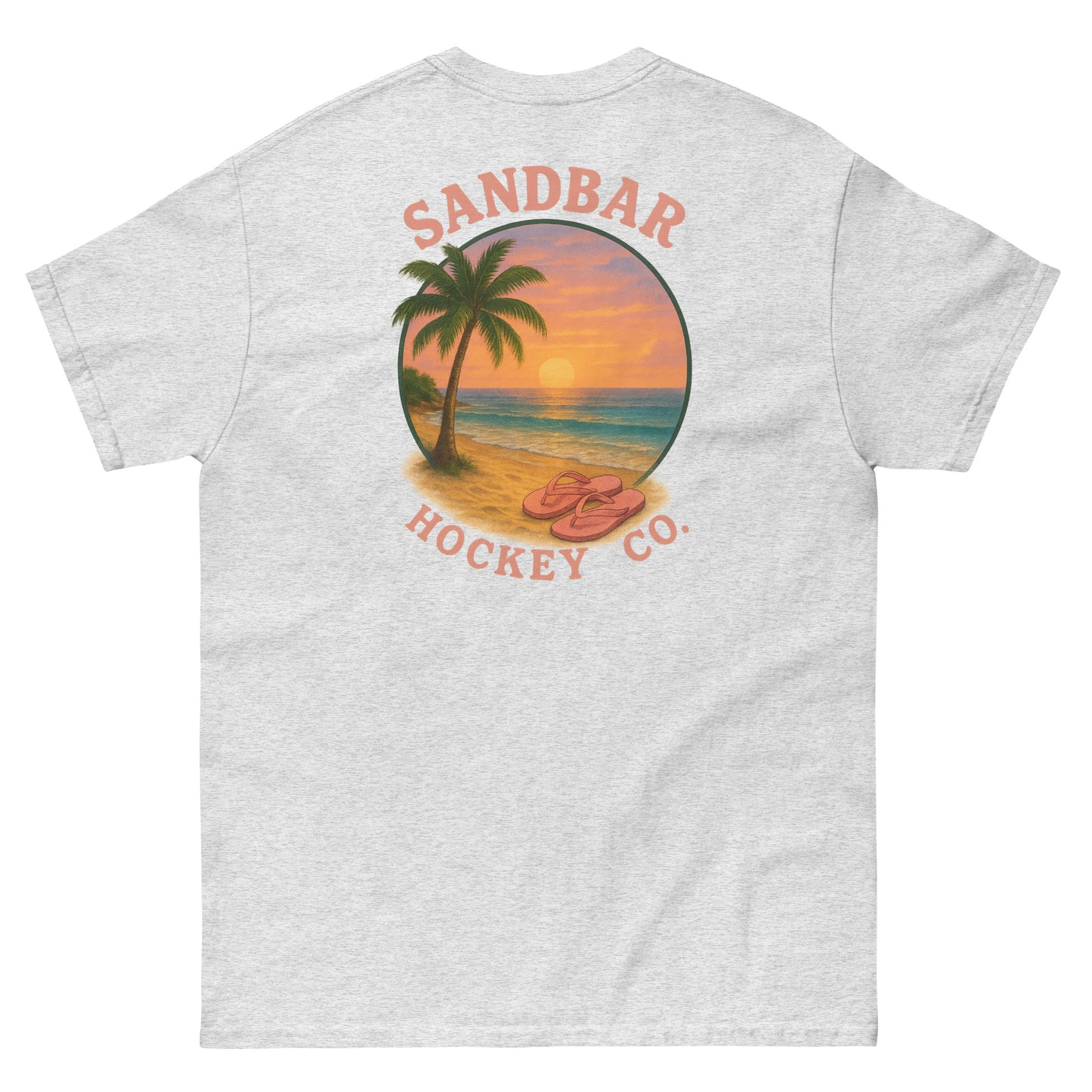 Ash hockey t-shirt back side with beach sunset palm tree and flip flops graphic and Sandbar Hockey Co. logo
