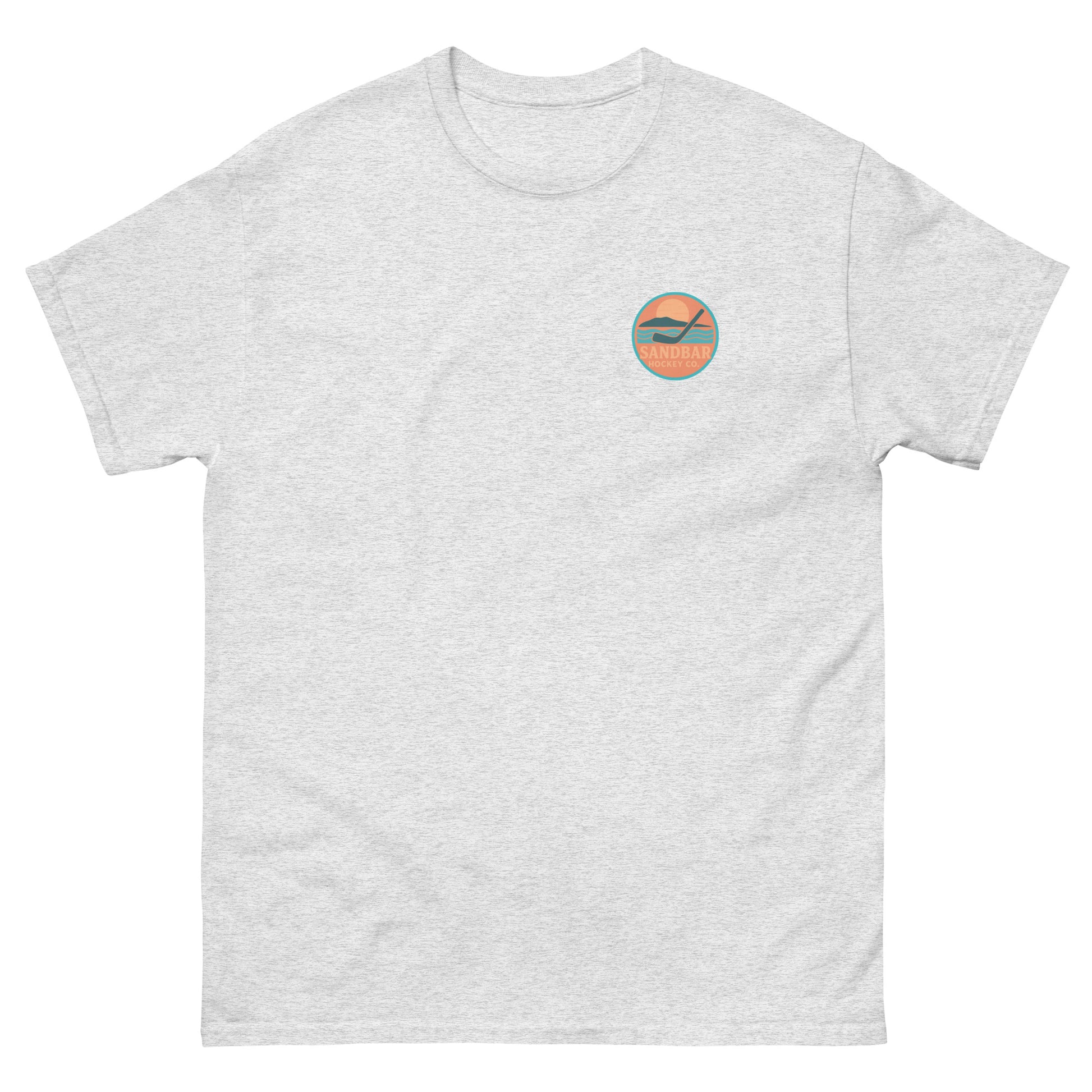 Ash hockey t-shirt front side with small circular Sandbar Hockey chest logo