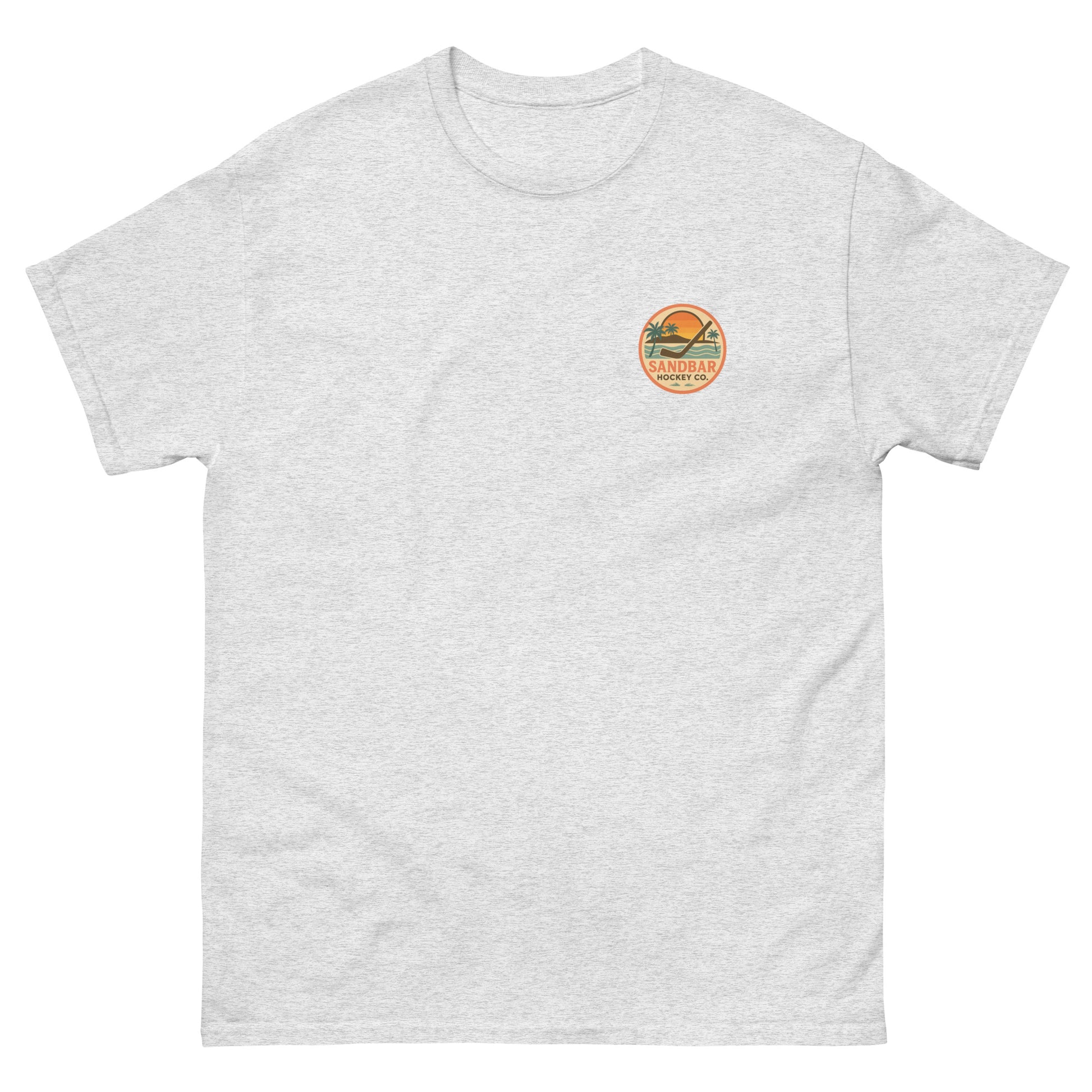 Ash hockey t-shirt front side with small circular Sandbar Hockey Co. sunset, palm tree, ocean wave, and hockey stick chest logo