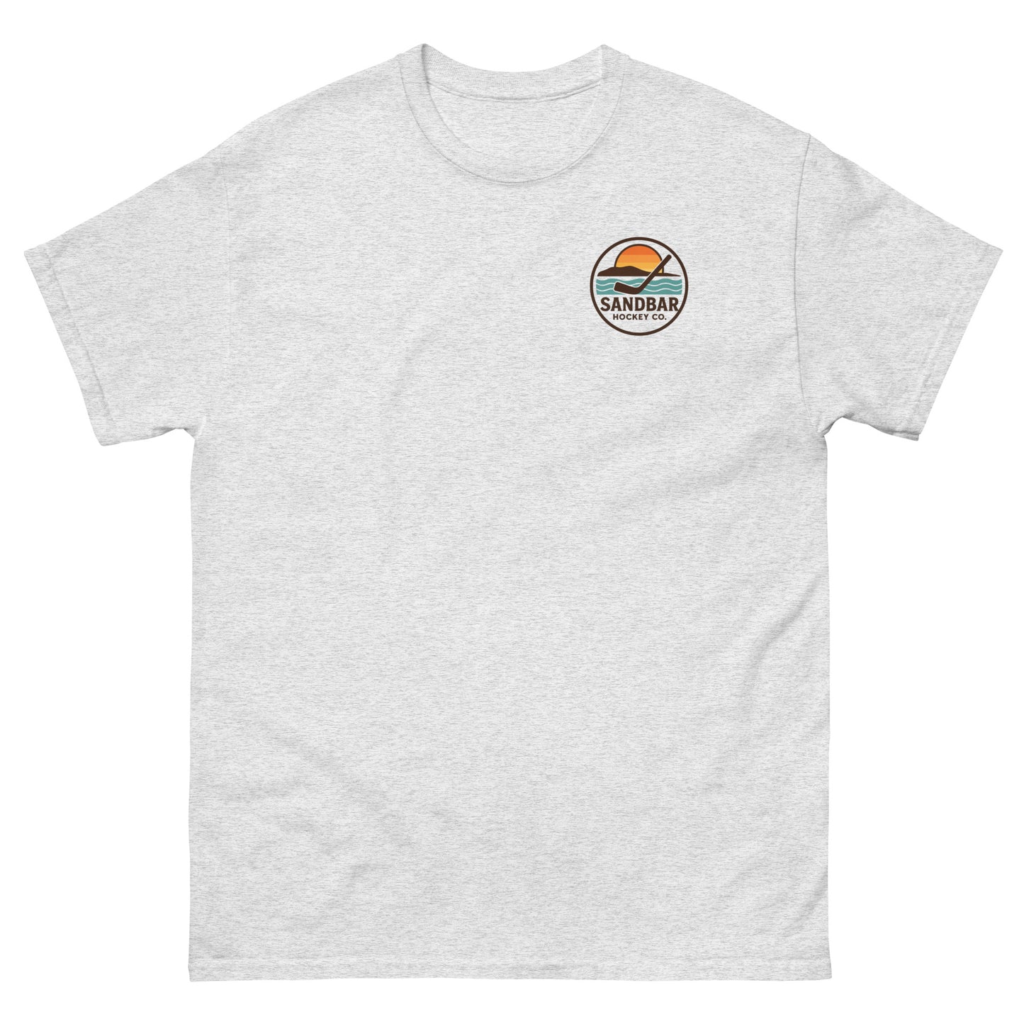 Ash hockey t-shirt with small front chest logo featuring a circular Sandbar Hockey Co. sunset-and-stick emblem.