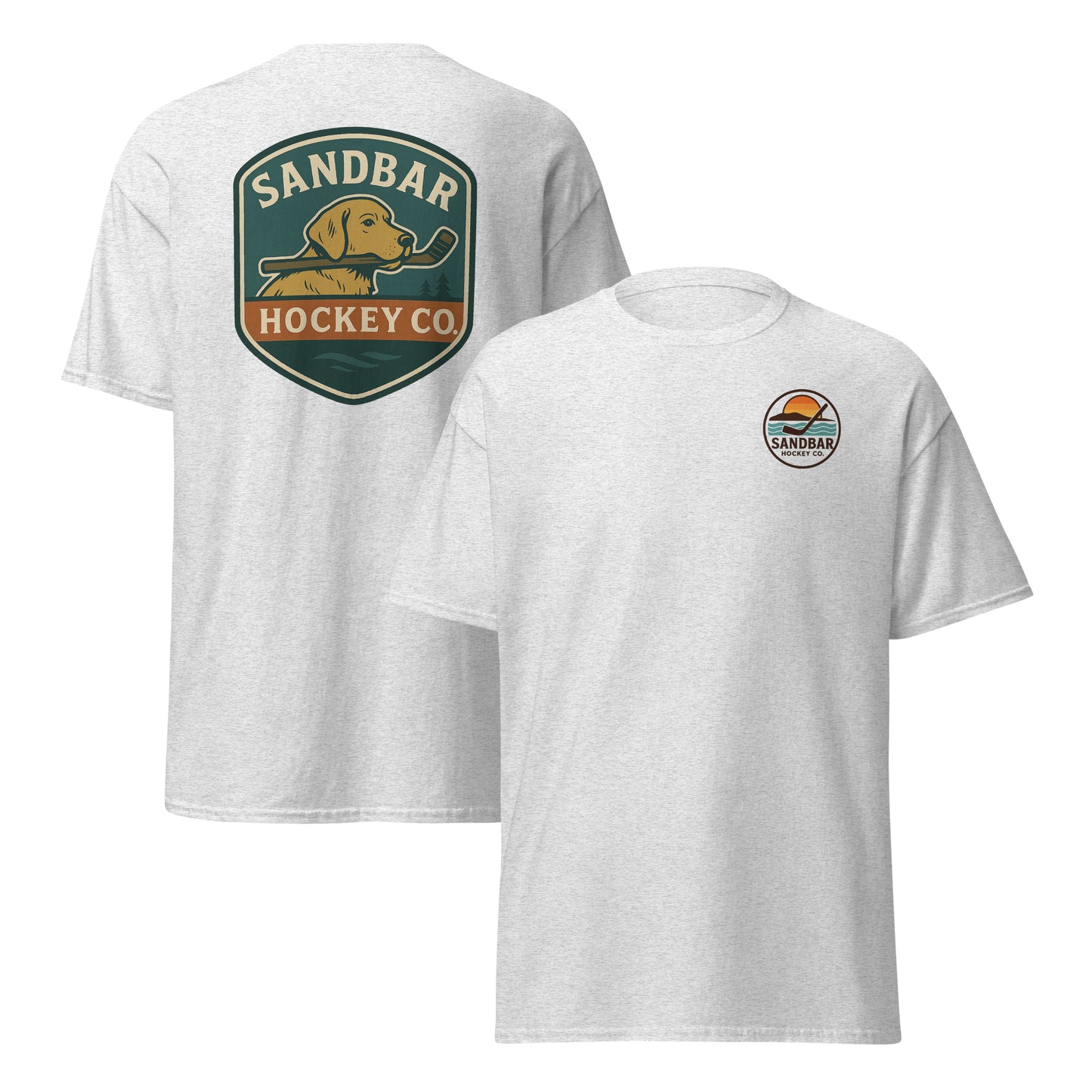 Sport grey Sandbar Hockey Dog Badge T-Shirt front and back mockup with large shield-style back graphic of a dog holding a hockey stick in its mouth and small circular Sandbar Hockey Co. chest logo on front