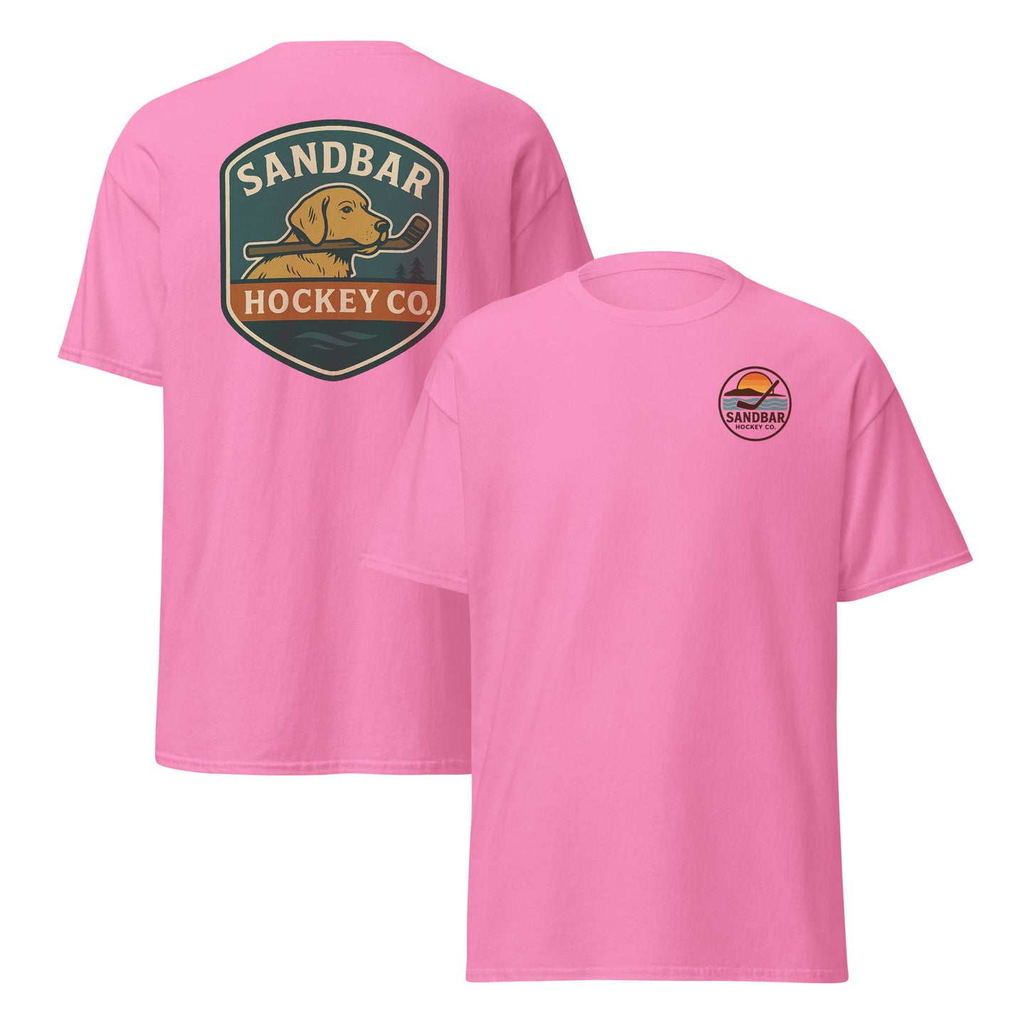 Light pink Sandbar Hockey Dog Badge T-Shirt front and back mockup with large shield-style back graphic of a dog holding a hockey stick in its mouth and small circular Sandbar Hockey Co. chest logo on front