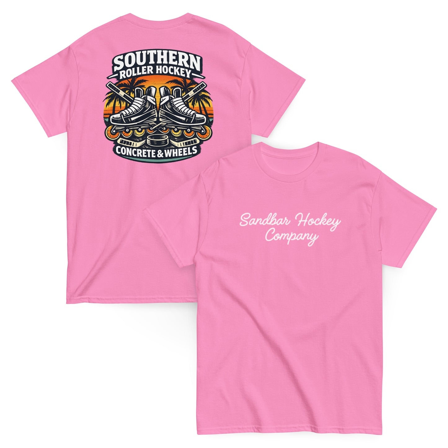 Light pink southern roller hockey t-shirt showing back graphic with crossed roller skates, hockey sticks, puck, palm trees, and front chest Sandbar Hockey Company script.