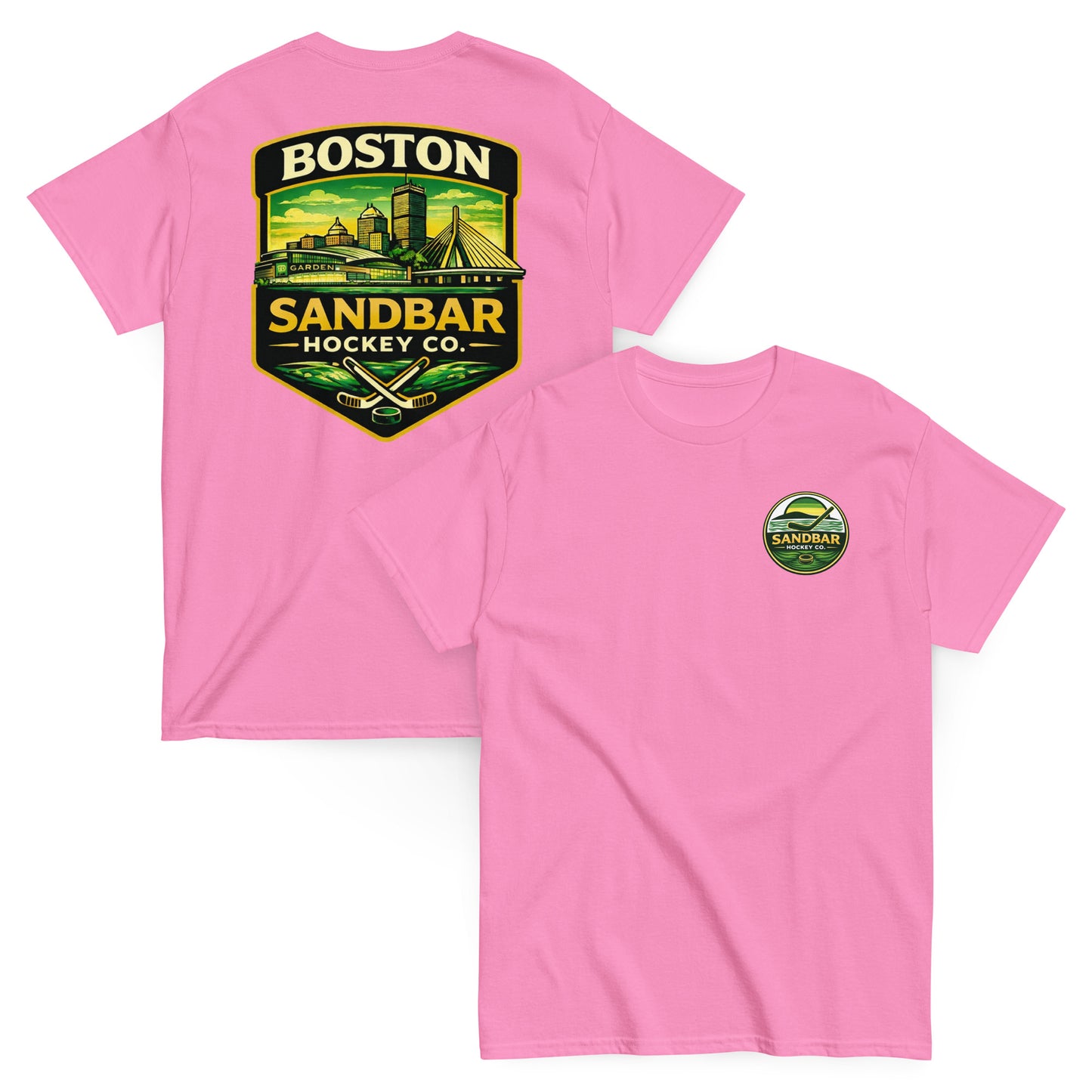 Boston Sandbar Hockey Co. azalea pink t-shirt mockup showing the front and back of the shirt, with a small circular Sandbar Hockey Co. logo on the front left chest and a large Boston skyline hockey graphic on the back.