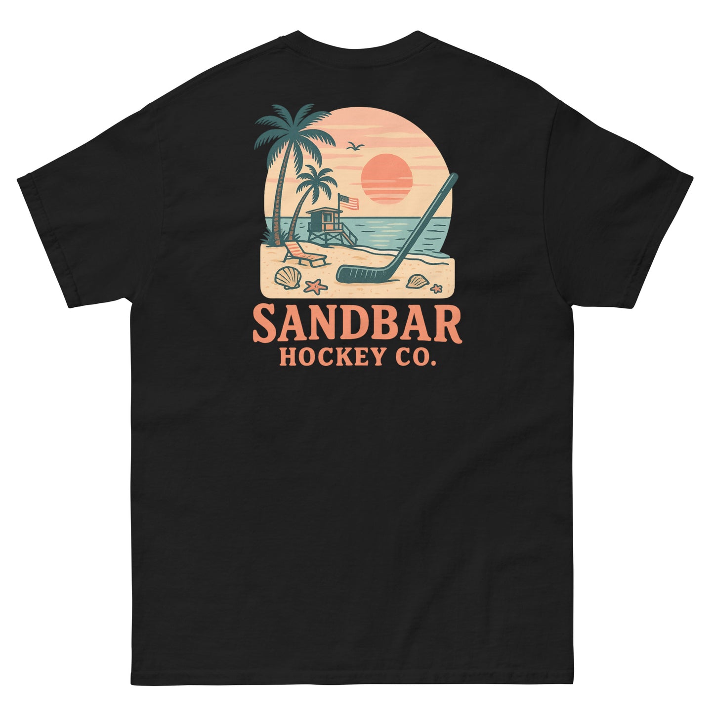 Black hockey t-shirt back side with beach sunset lifeguard stand graphic and Sandbar Hockey Co. logo