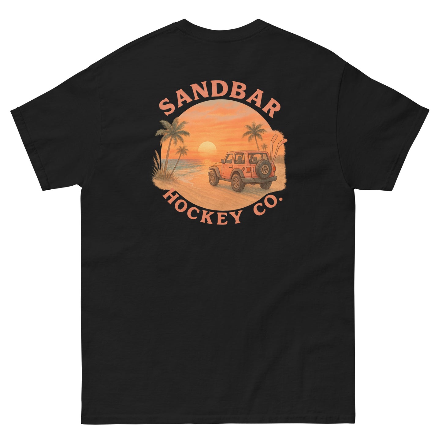 Black hockey t-shirt back side with beach sunset jeep graphic and Sandbar Hockey Co. logo