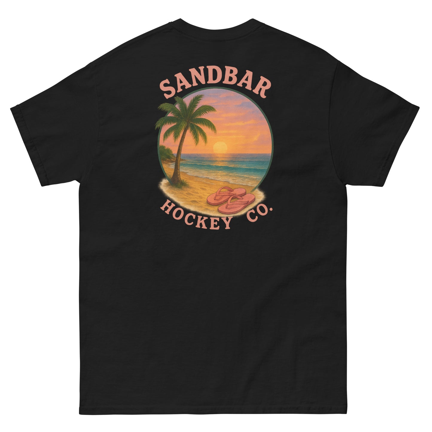 Black hockey t-shirt back side with beach sunset palm tree and flip flops graphic and Sandbar Hockey Co. logo