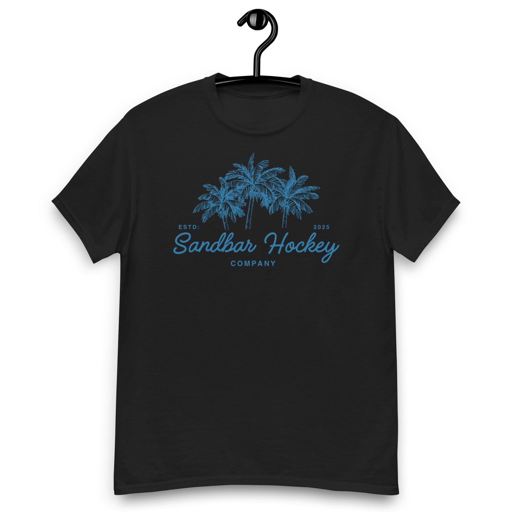 Black hockey t-shirt front side with blue palm tree graphic and Sandbar Hockey Company cursive logo