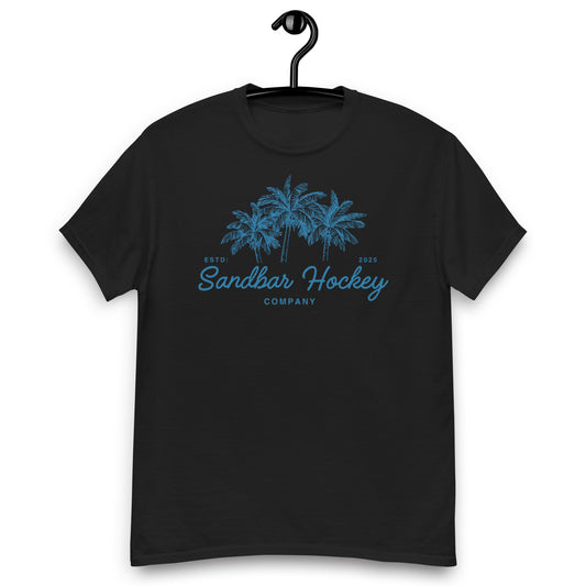 Black hockey t-shirt front side with blue palm tree graphic and Sandbar Hockey Company cursive logo