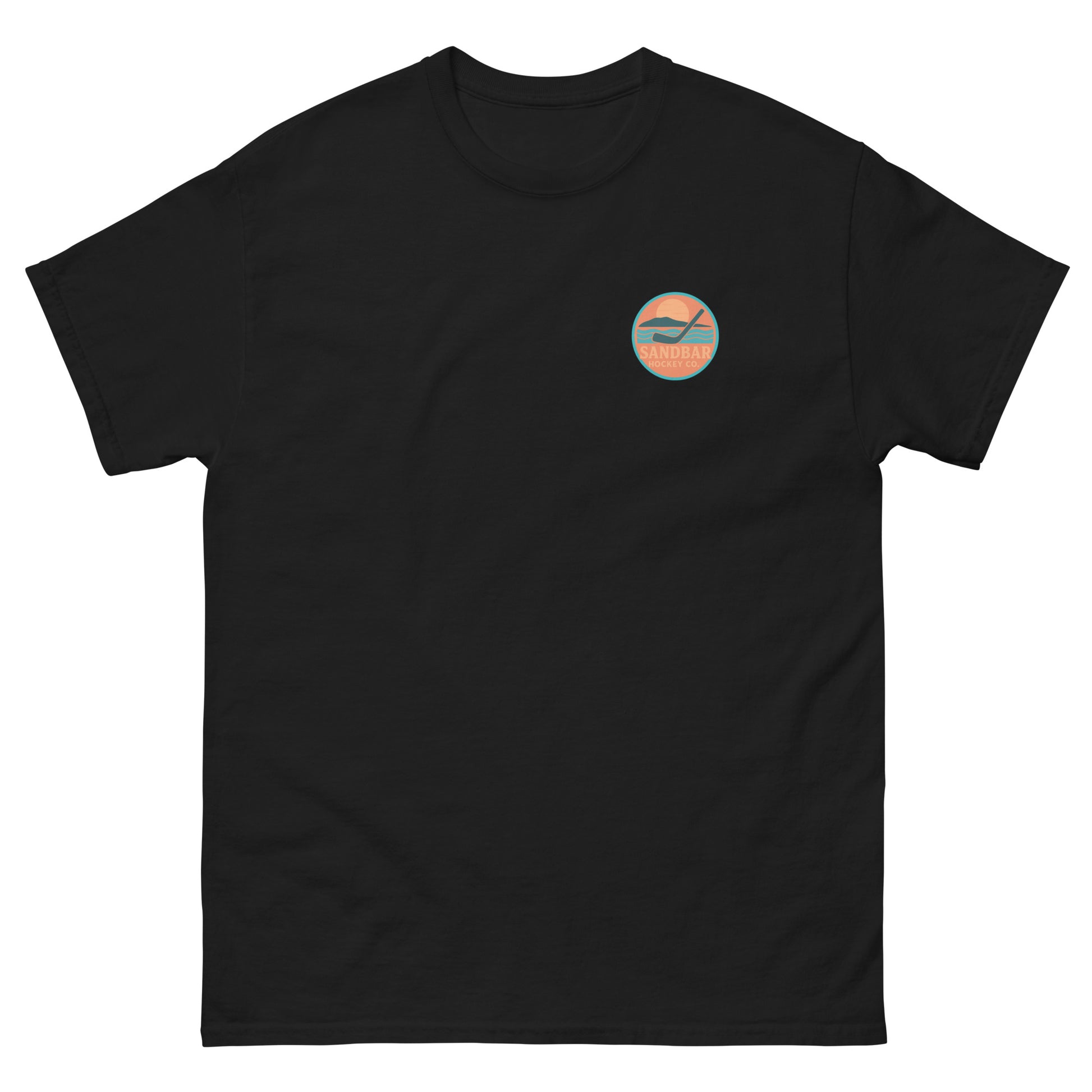 Black hockey t-shirt front side with small circular Sandbar Hockey chest logo