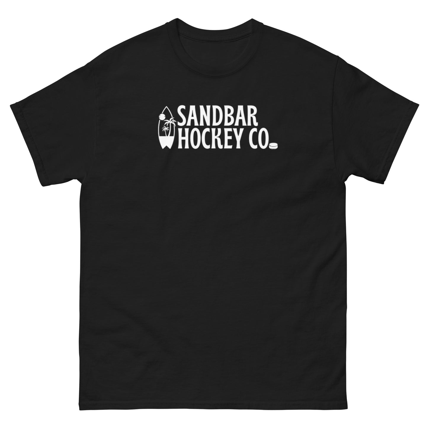 Black Surf Stick T-Shirt with white Sandbar Hockey Co. surfboard front logo