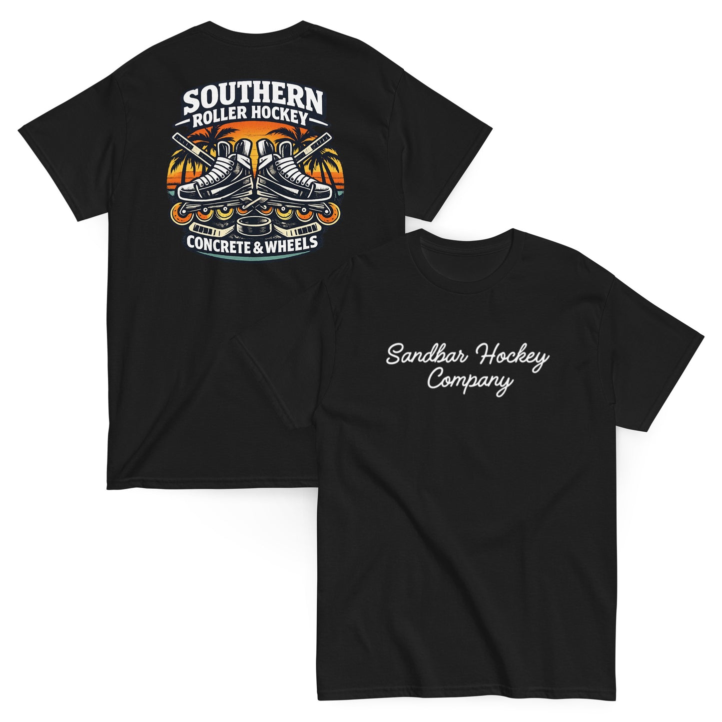 Black southern roller hockey t-shirt showing back graphic with crossed roller skates, hockey sticks, puck, palm trees, and front chest Sandbar Hockey Company script.
