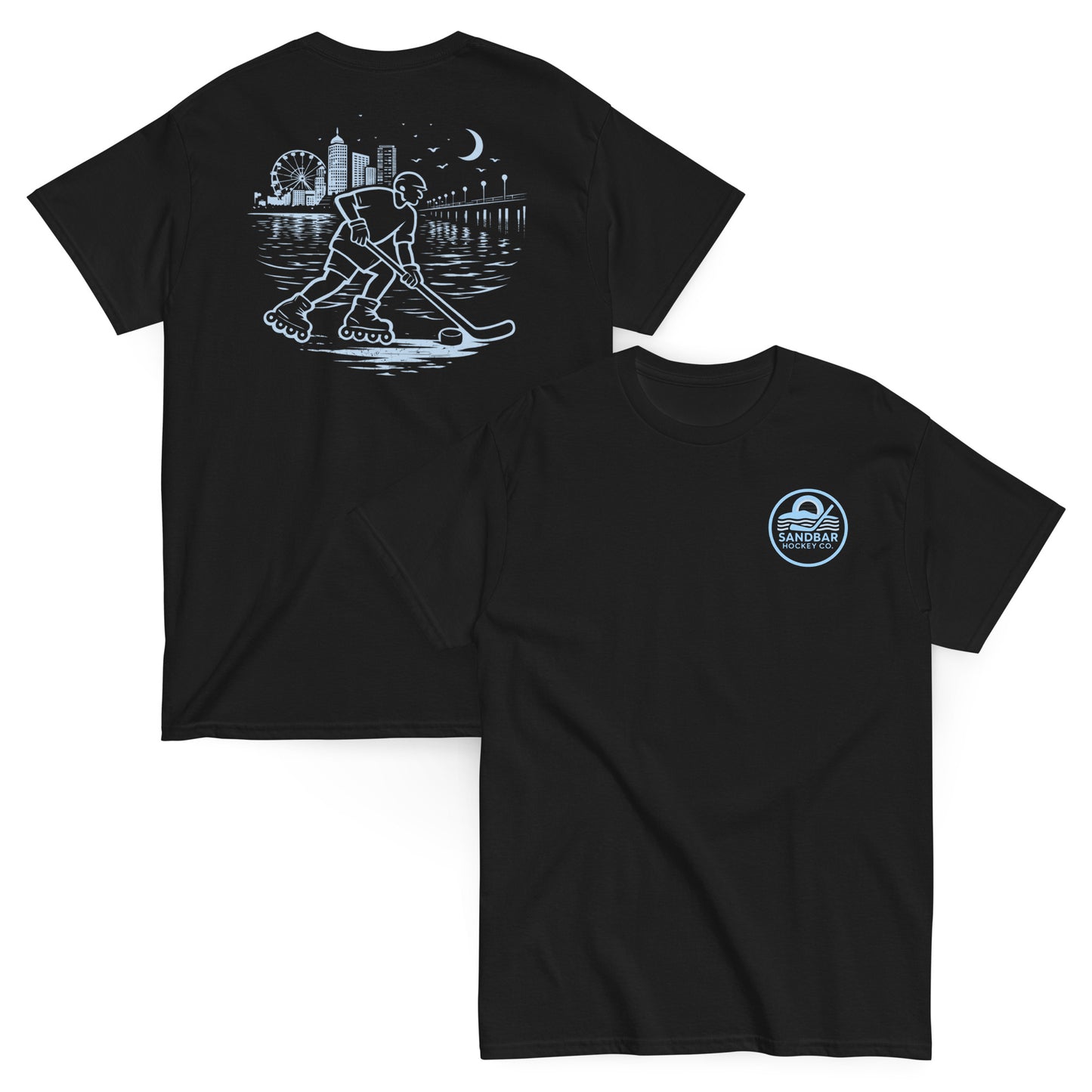 Black roller hockey t-shirt showing back graphic with a roller hockey player skating by the water at night and blue front chest Sandbar Hockey Co. logo.