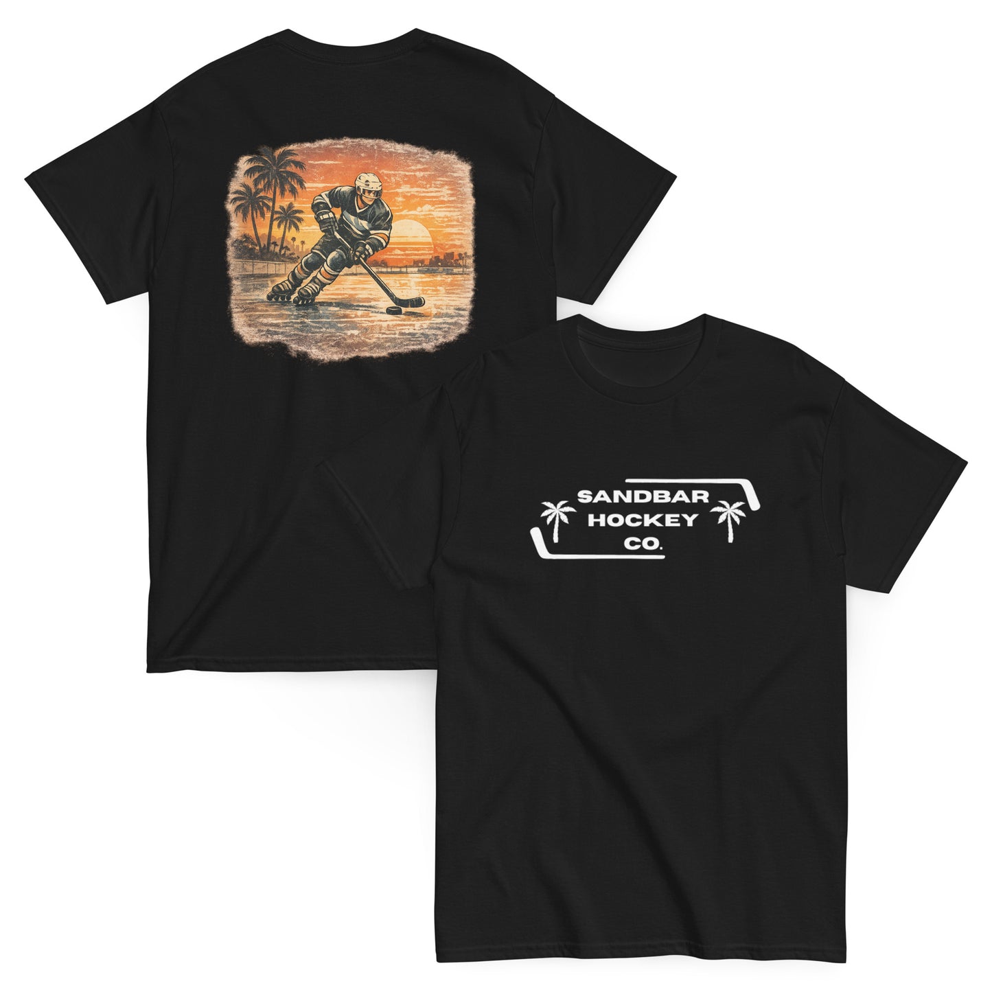 Black Sunset Glide Roller Hockey T-Shirt with large vintage coastal hockey back graphic and white Sandbar Hockey Co. front chest logo