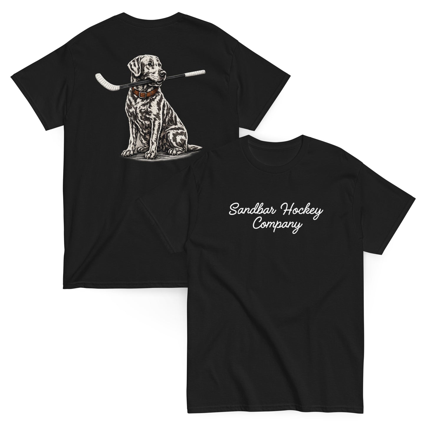 Black hockey t-shirt shown with both sides, featuring the dog-with-hockey-stick back graphic and the white Sandbar Hockey Company script logo on the front chest.