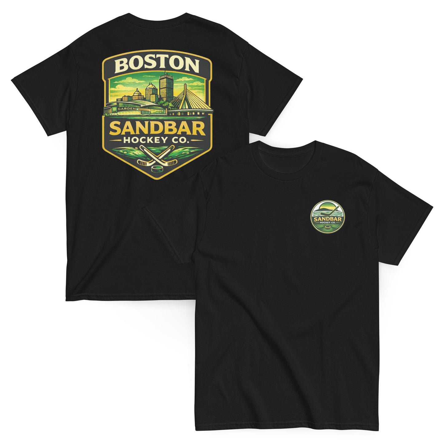 Boston Sandbar Hockey Co. black t-shirt mockup showing the front and back of the shirt, with a small circular Sandbar Hockey Co. logo on the front left chest and a large Boston skyline hockey graphic on the back.
