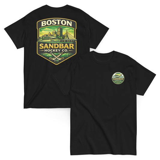 Boston Sandbar Hockey Co. black t-shirt mockup showing the front and back of the shirt, with a small circular Sandbar Hockey Co. logo on the front left chest and a large Boston skyline hockey graphic on the back.