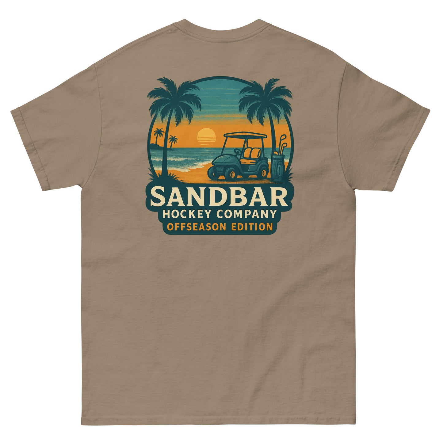Brown T-shirt with a large back graphic of a beach sunset scene featuring palm trees, ocean waves, a golf cart, hockey sticks, and the text “Sandbar Hockey Company Offseason Edition.”