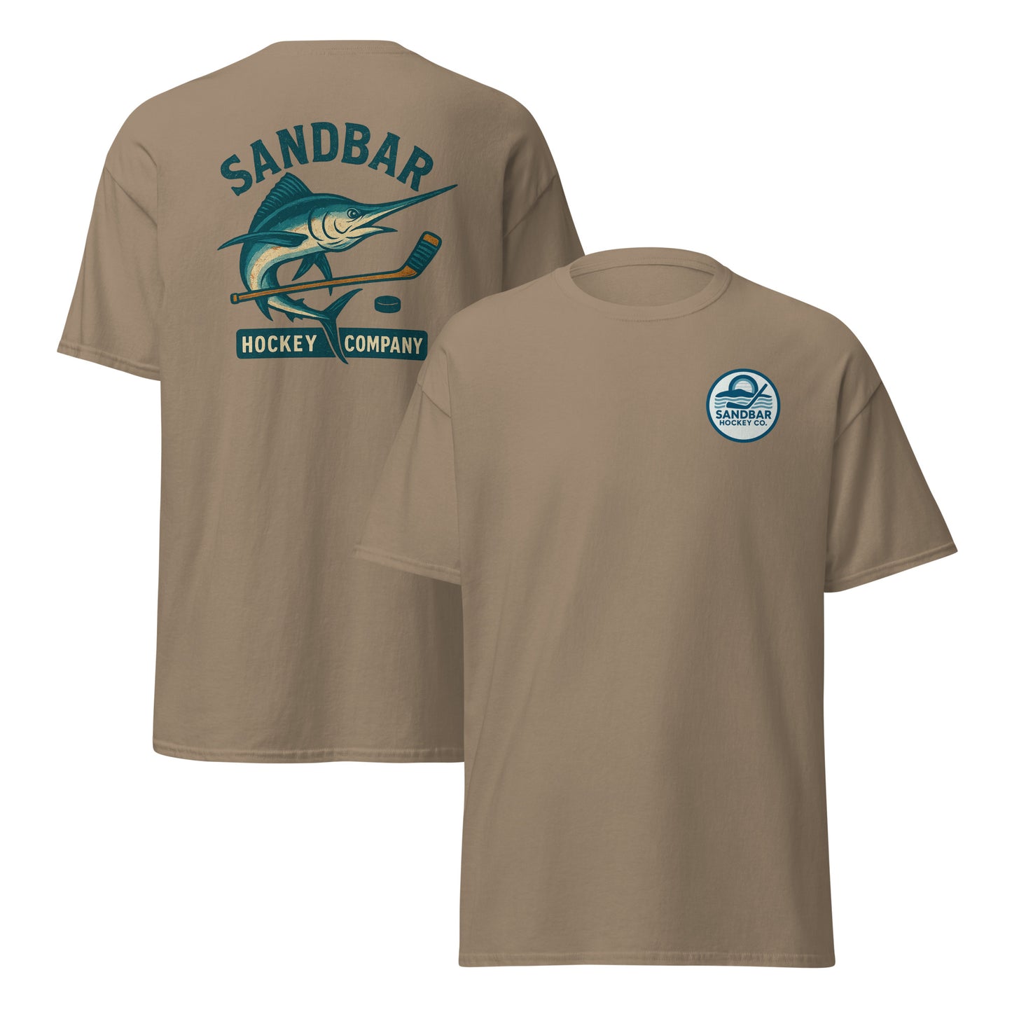 Brown hockey t-shirt front and back combo view with marlin and hockey stick back graphic and small circular Sandbar Hockey Co. chest logo