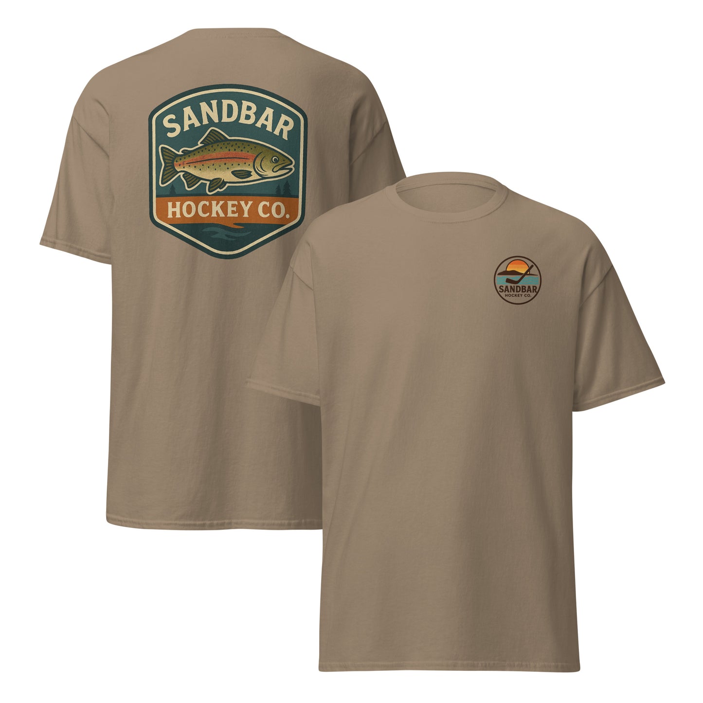 Brown hockey t-shirt front and back combo view with trout badge back graphic and small circular Sandbar Hockey Co. sunset, water, island, and hockey stick chest logo