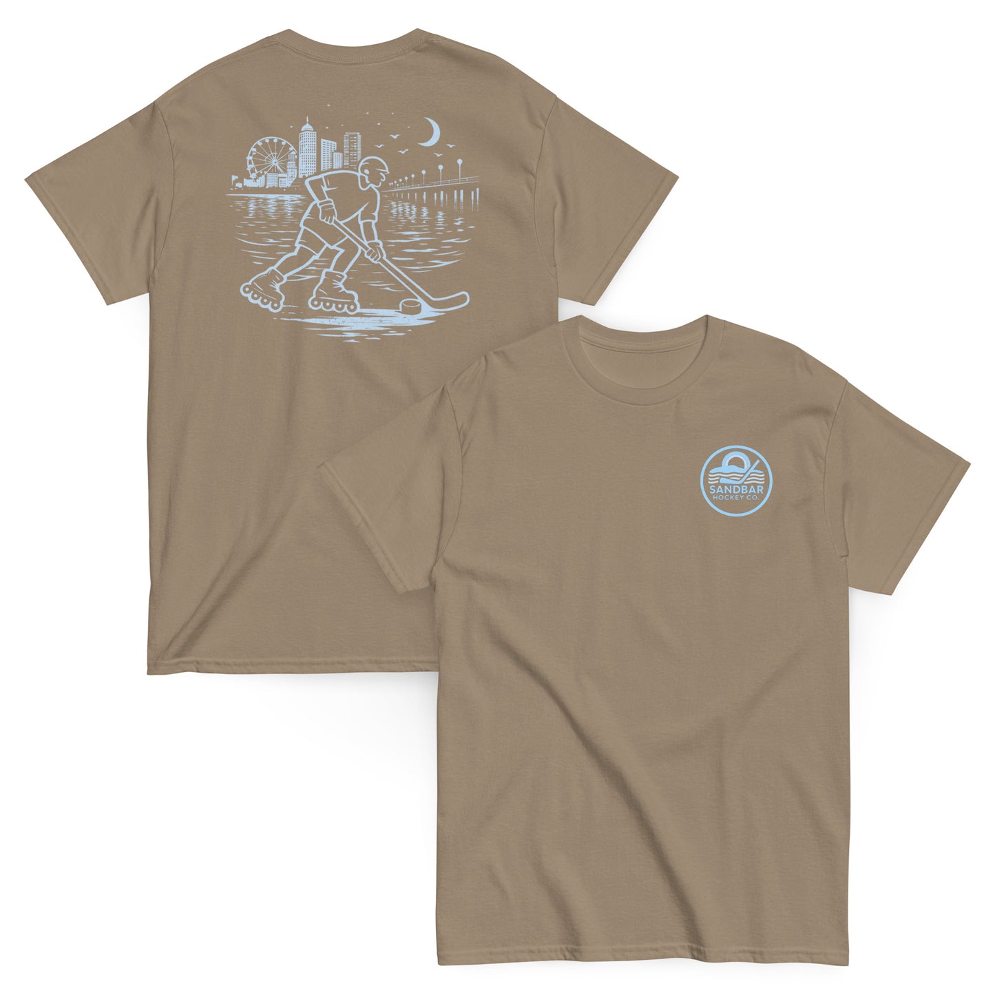 Brown savana roller hockey t-shirt showing back graphic with a roller hockey player skating by the water at night and blue front chest Sandbar Hockey Co. logo.