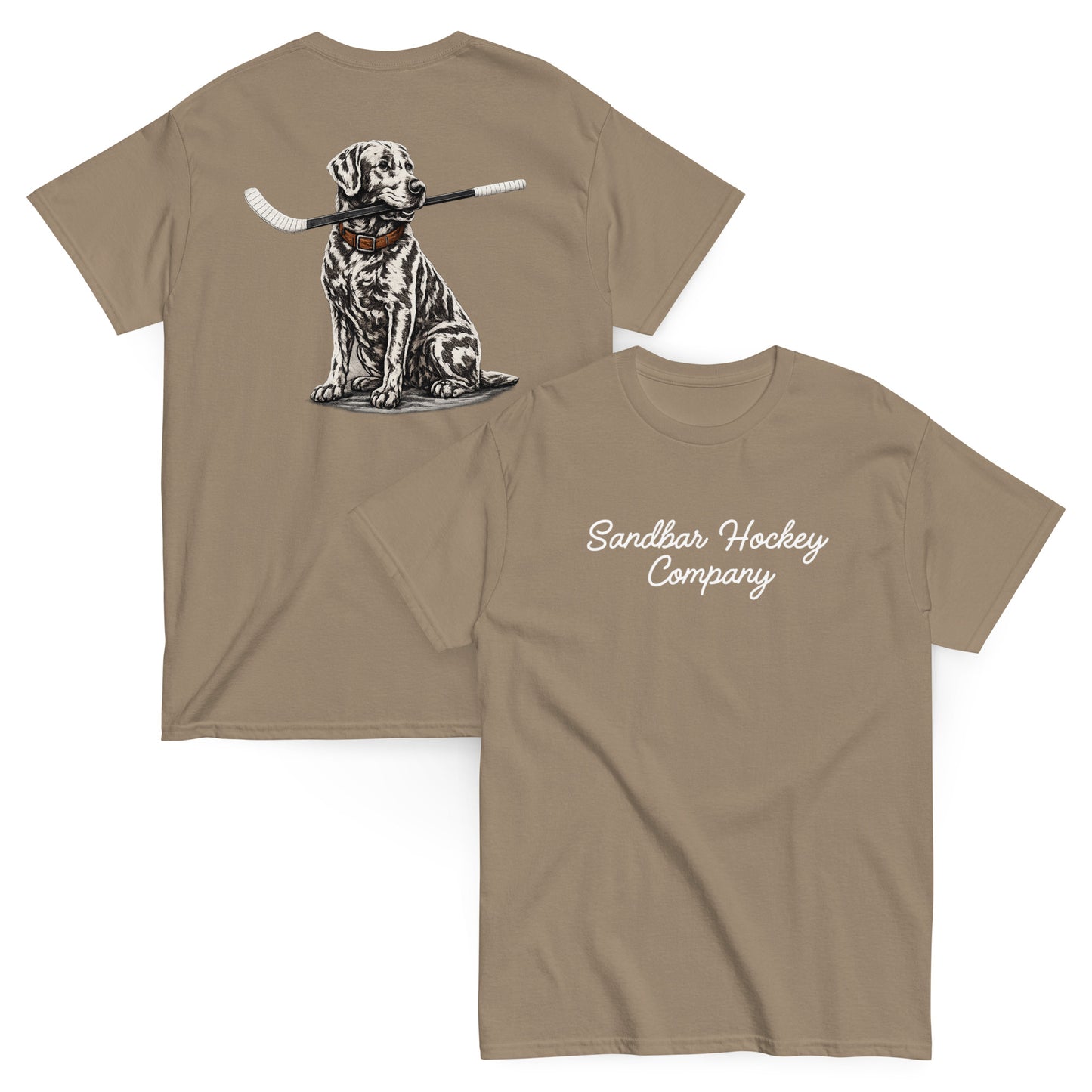 Brown hockey t-shirt shown with both sides, featuring the dog-with-hockey-stick back graphic and the white Sandbar Hockey Company script logo on the front chest.