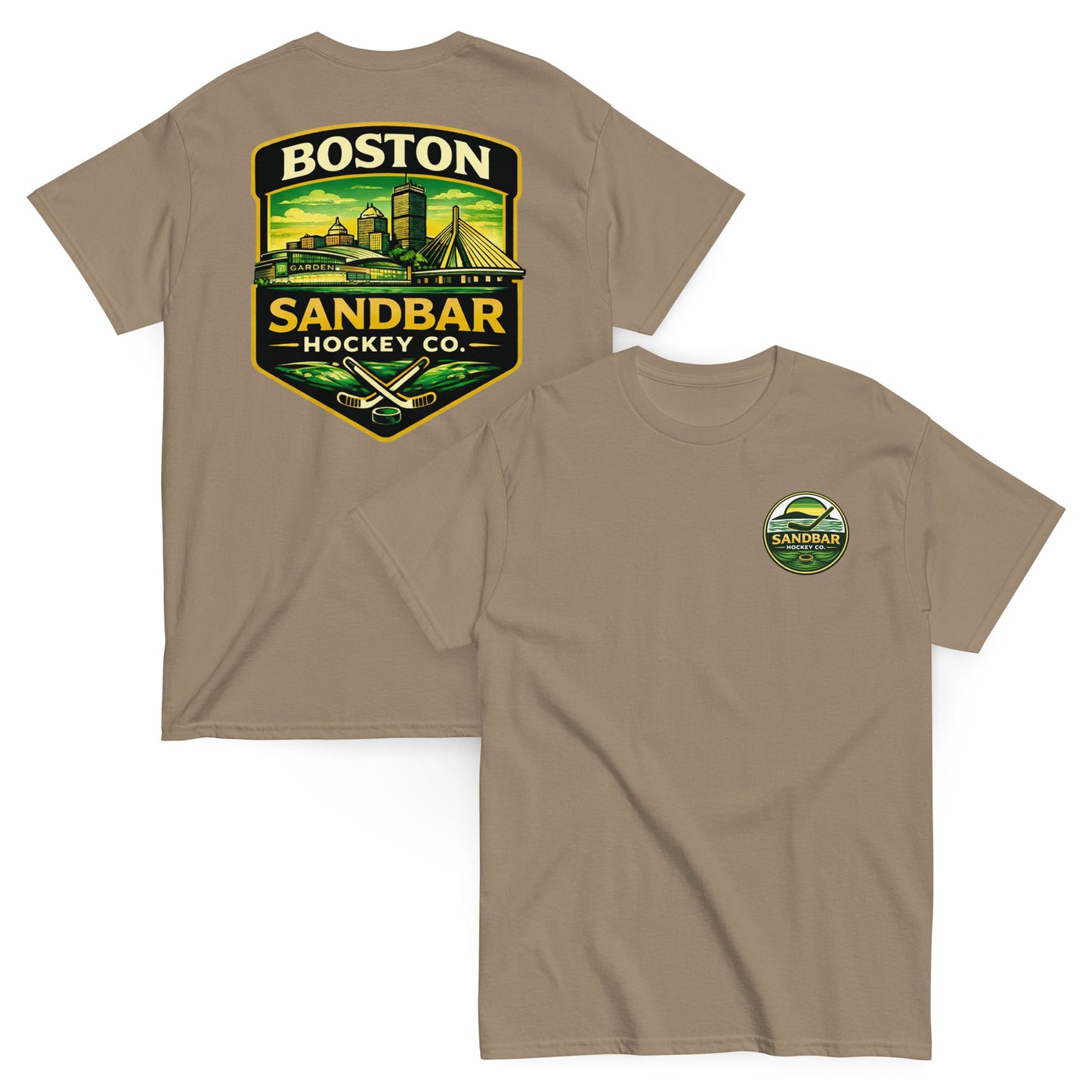 Boston Sandbar Hockey Co. brown t-shirt mockup showing the front and back of the shirt, with a small circular Sandbar Hockey Co. logo on the front left chest and a large Boston skyline hockey graphic on the back.