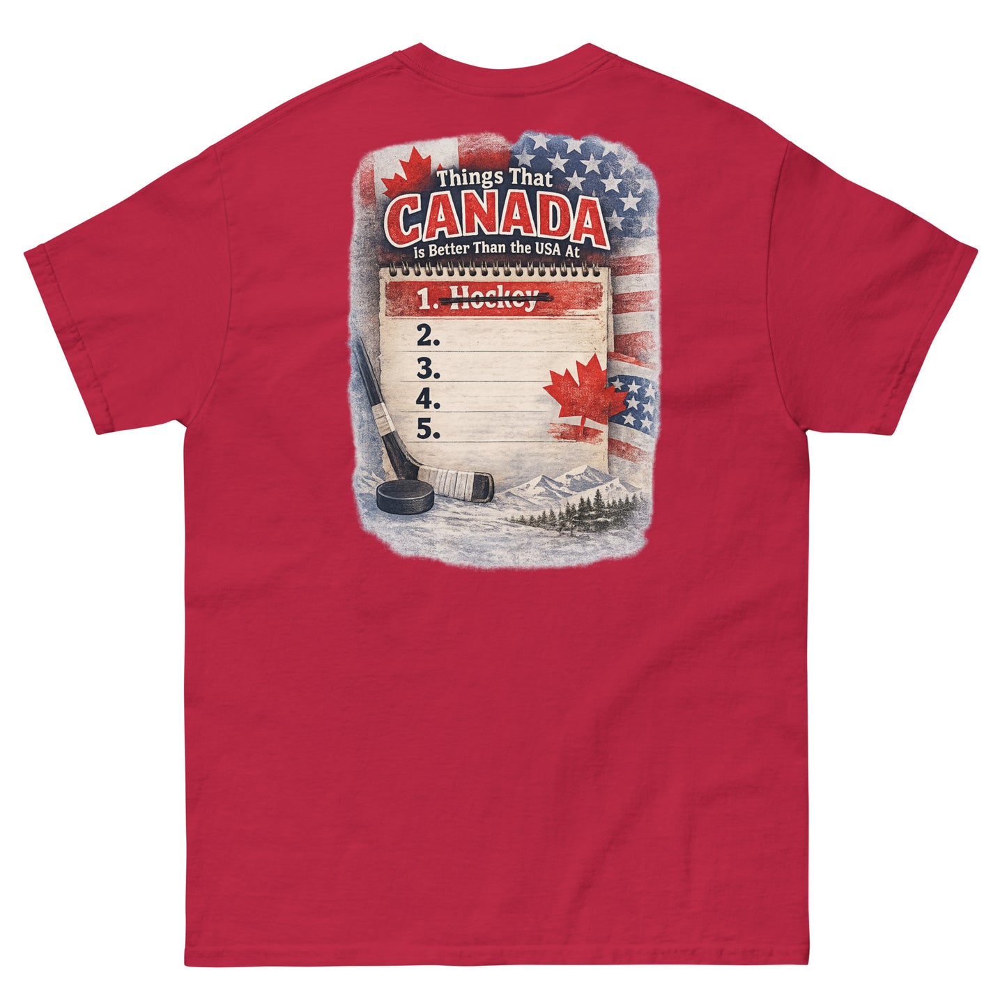 Red hockey t-shirt with large back graphic that reads “Things That Canada Is Better Than the USA At” with “Hockey” crossed out at number one, plus American and Canadian flag elements, a hockey stick, puck, and mountain background.