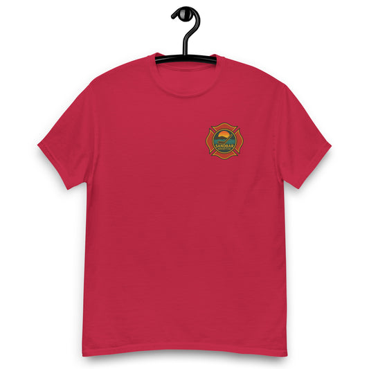 Red hockey t-shirt front side with small firefighter Sandbar Hockey chest logo