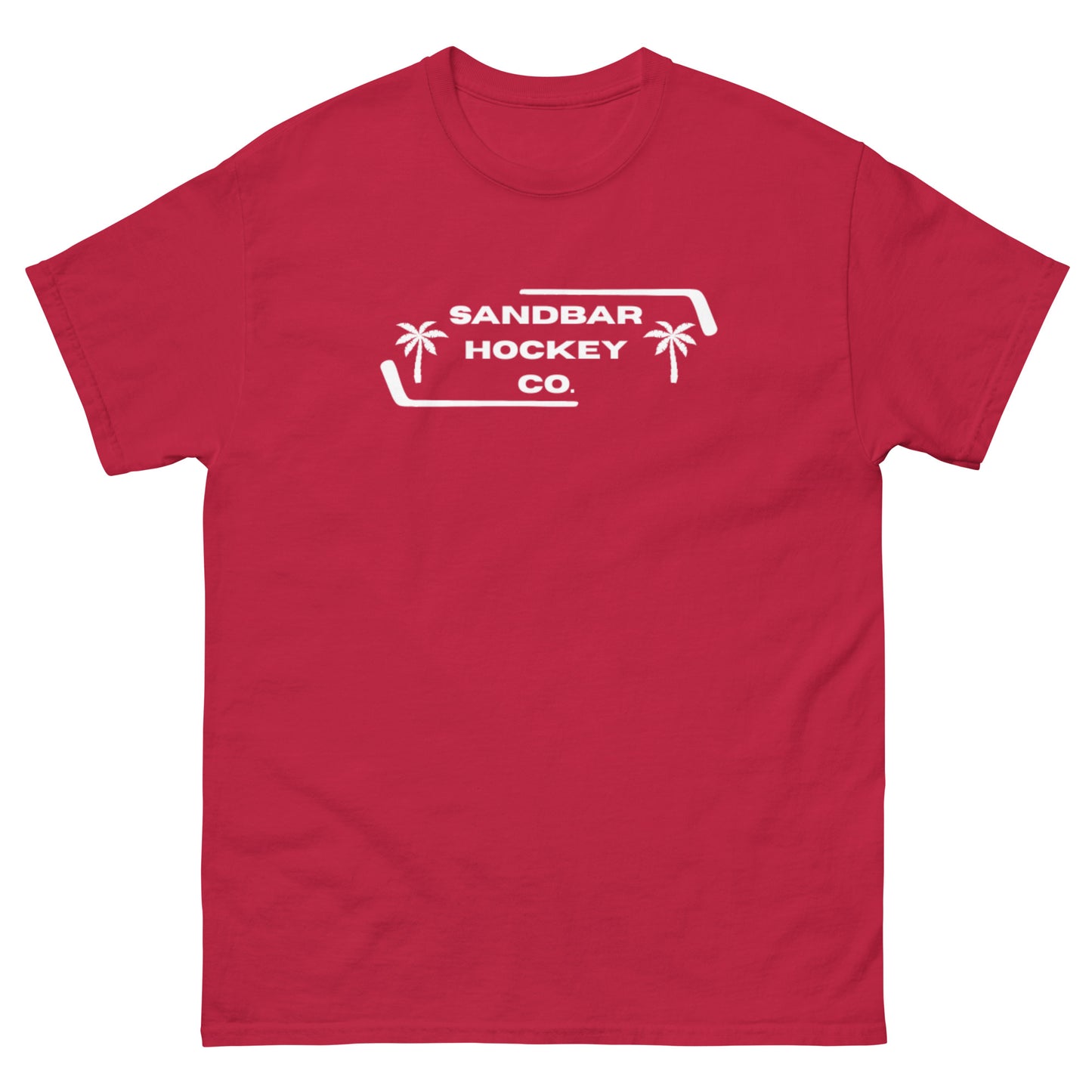 Red Palm Frame T-Shirt with white Sandbar Hockey Co. palm frame front logo