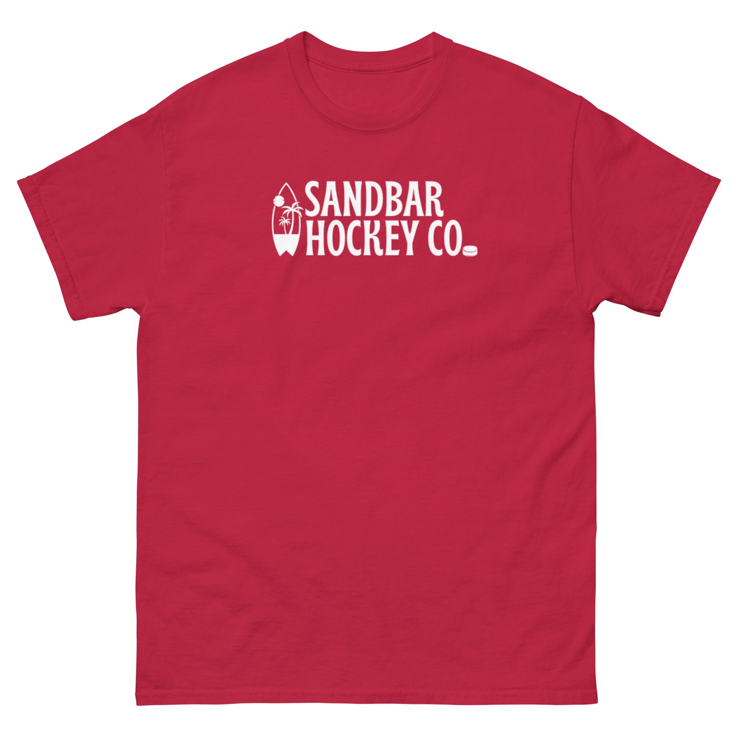 Red Surf Stick T-Shirt with white Sandbar Hockey Co. surfboard front logo