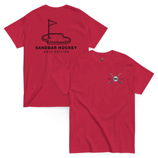 Sandbar Hockey golf t-shirt in red with front and back design