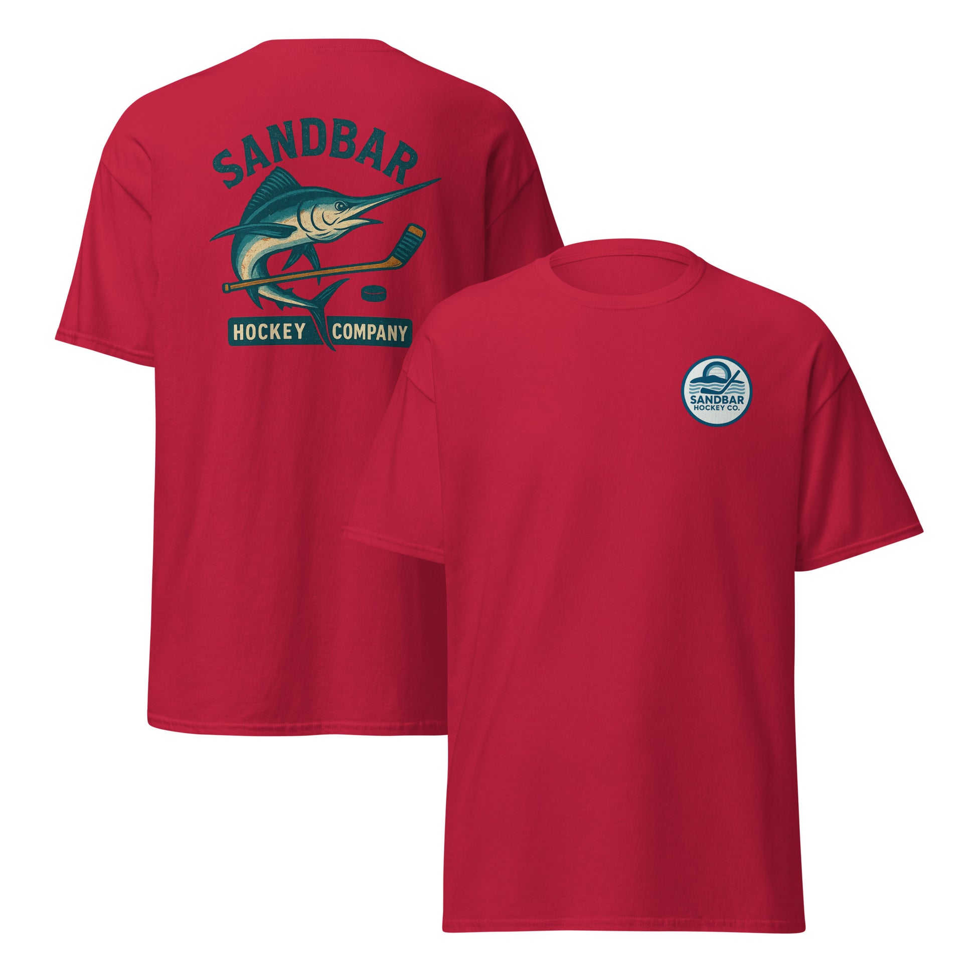 Red hockey t-shirt front and back combo view with marlin and hockey stick back graphic and small circular Sandbar Hockey Co. chest logo