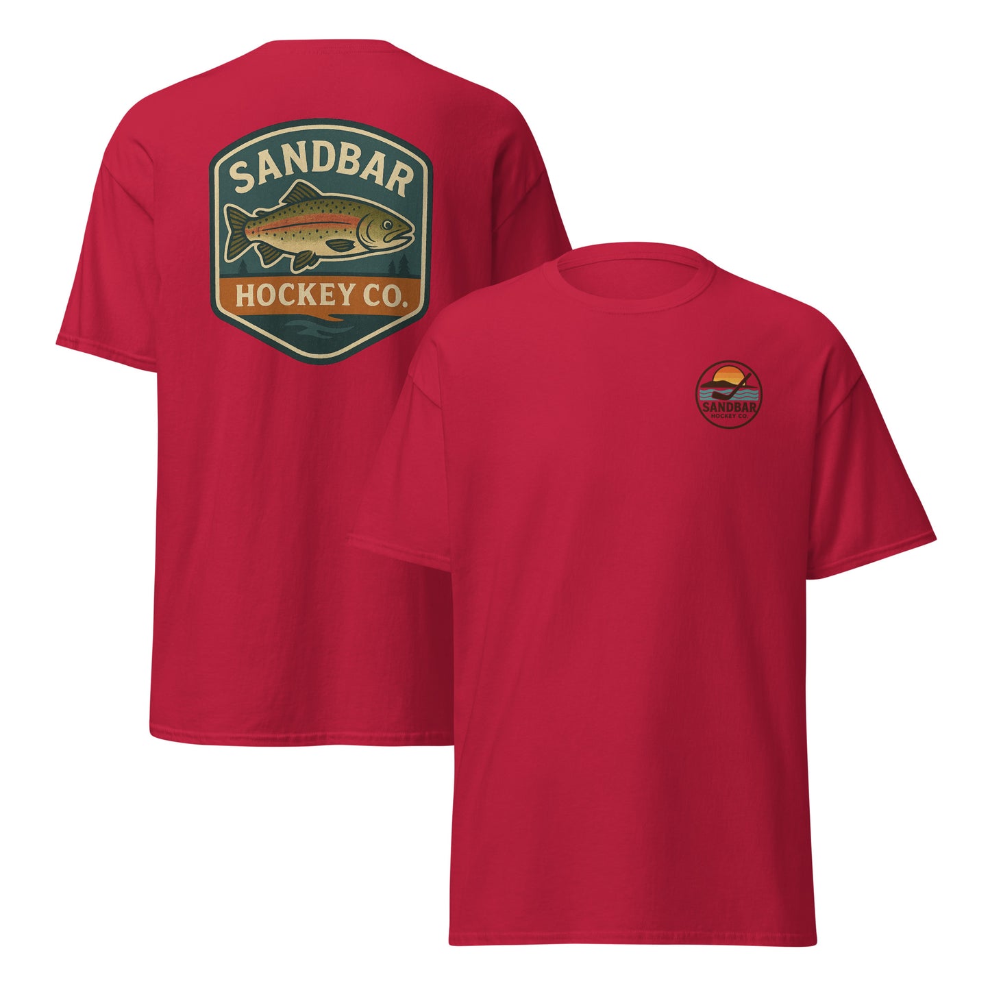 Red hockey t-shirt front and back combo view with trout badge back graphic and small circular Sandbar Hockey Co. sunset, water, island, and hockey stick chest logo