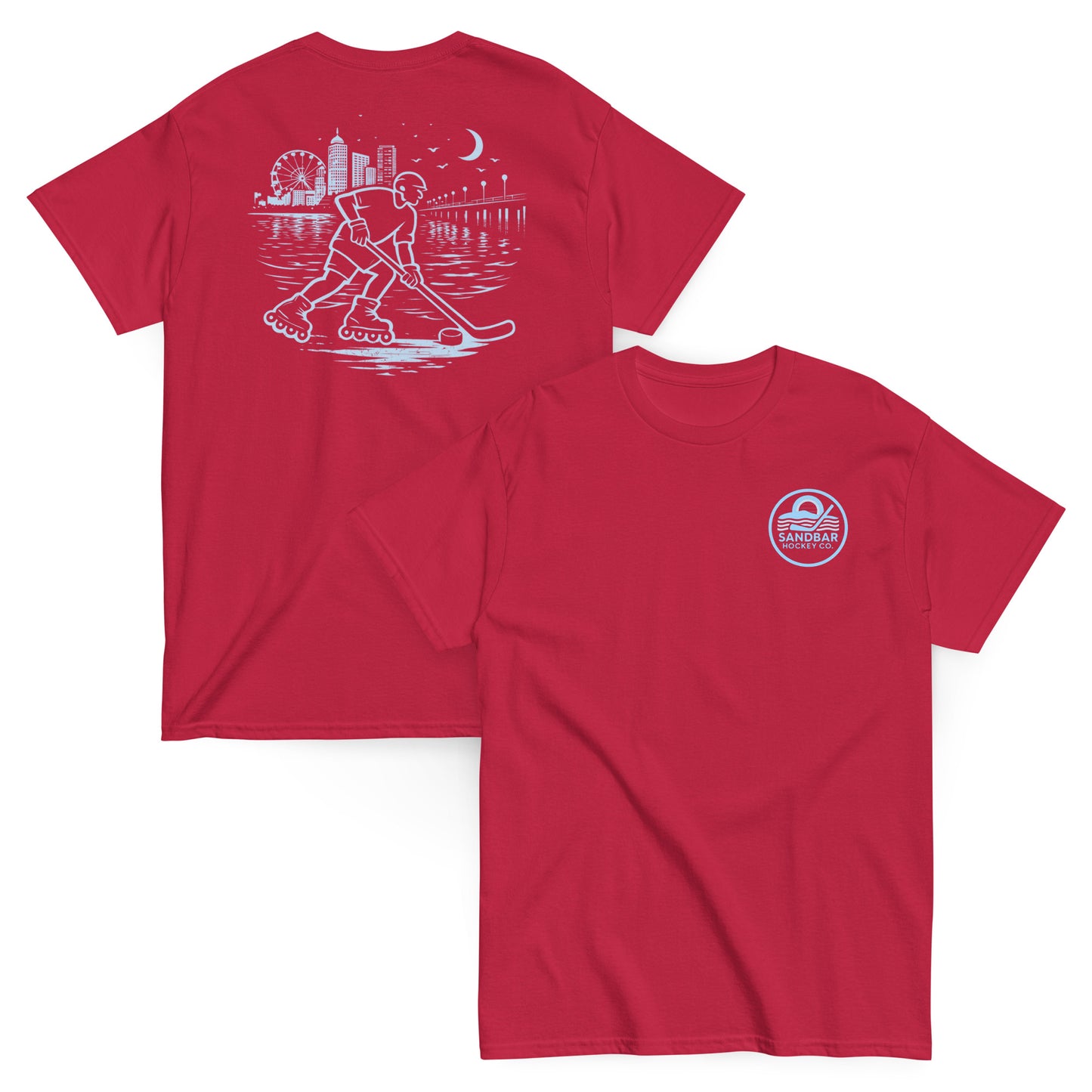 Cardinal Red roller hockey t-shirt showing back graphic with a roller hockey player skating by the water at night and blue front chest Sandbar Hockey Co. logo.