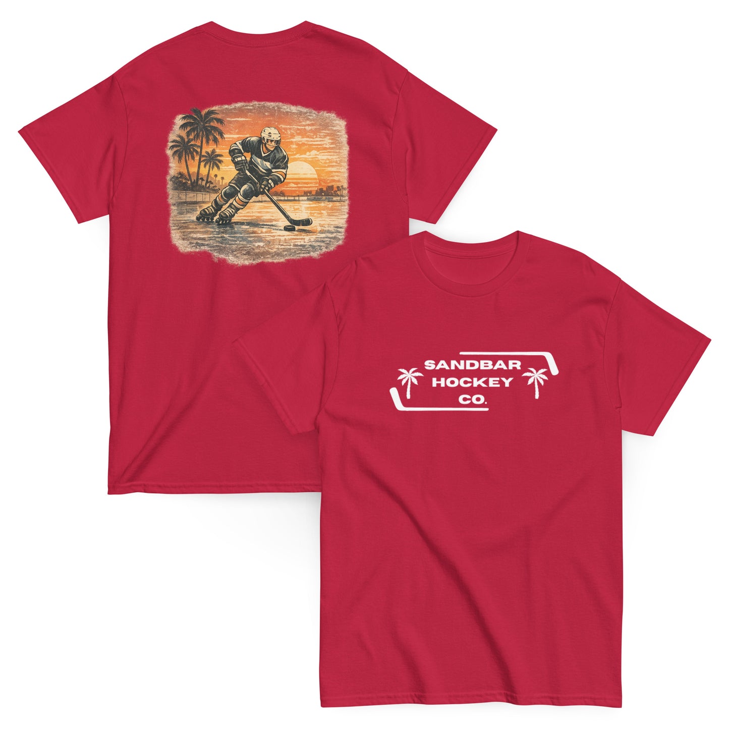 Red Sunset Glide Roller Hockey T-Shirt with large vintage coastal hockey back graphic and white Sandbar Hockey Co. front chest logo
