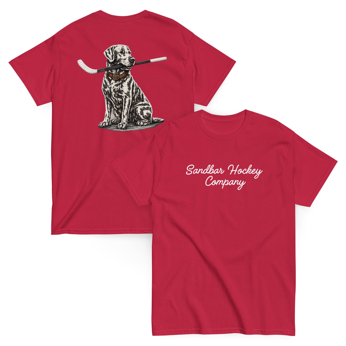 Red hockey t-shirt shown with both sides, featuring the dog-with-hockey-stick back graphic and the white Sandbar Hockey Company script logo on the front chest.