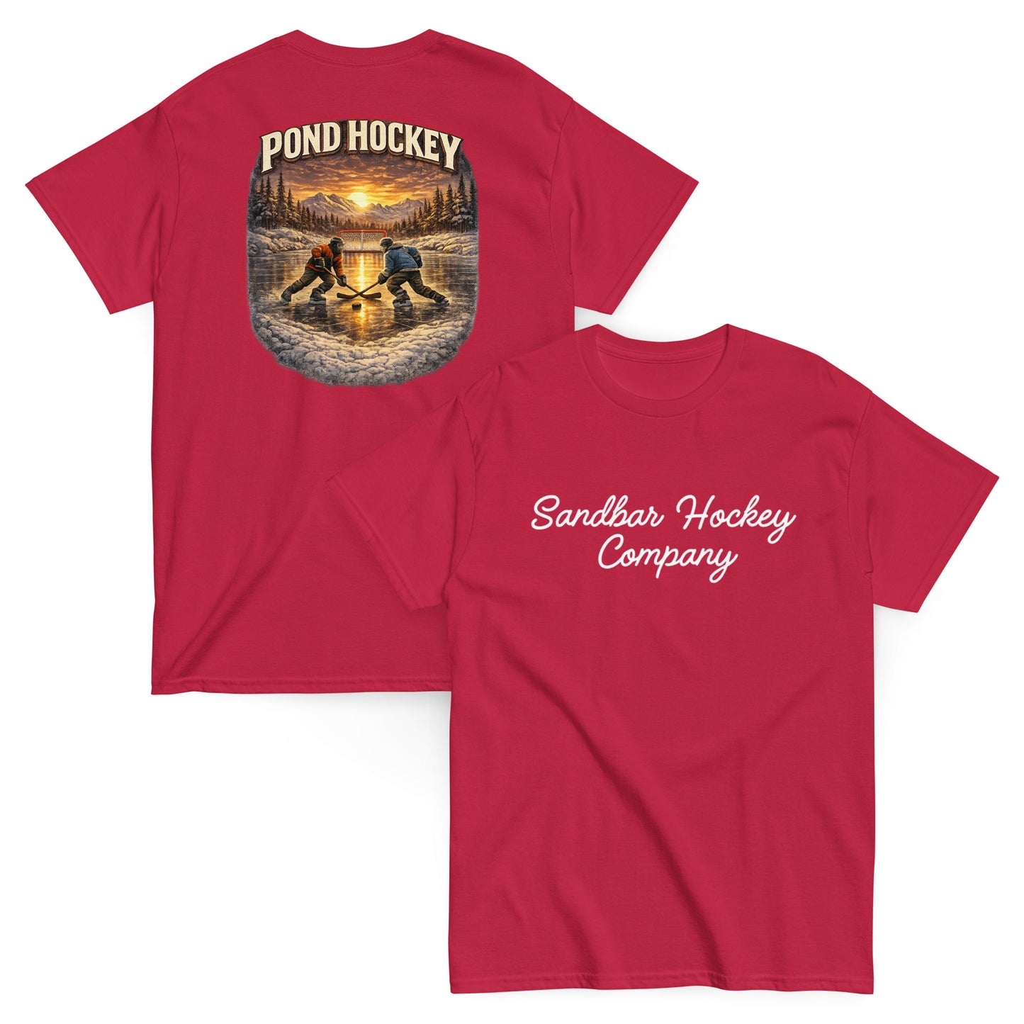 Red short-sleeve T-shirt mockup showing front and back views. The back features a vintage-style pond hockey graphic with two players on a frozen pond at sunset, pine trees, mountains, and the words “POND HOCKEY” above. The front has “Sandbar Hockey Company” in white script across the chest.