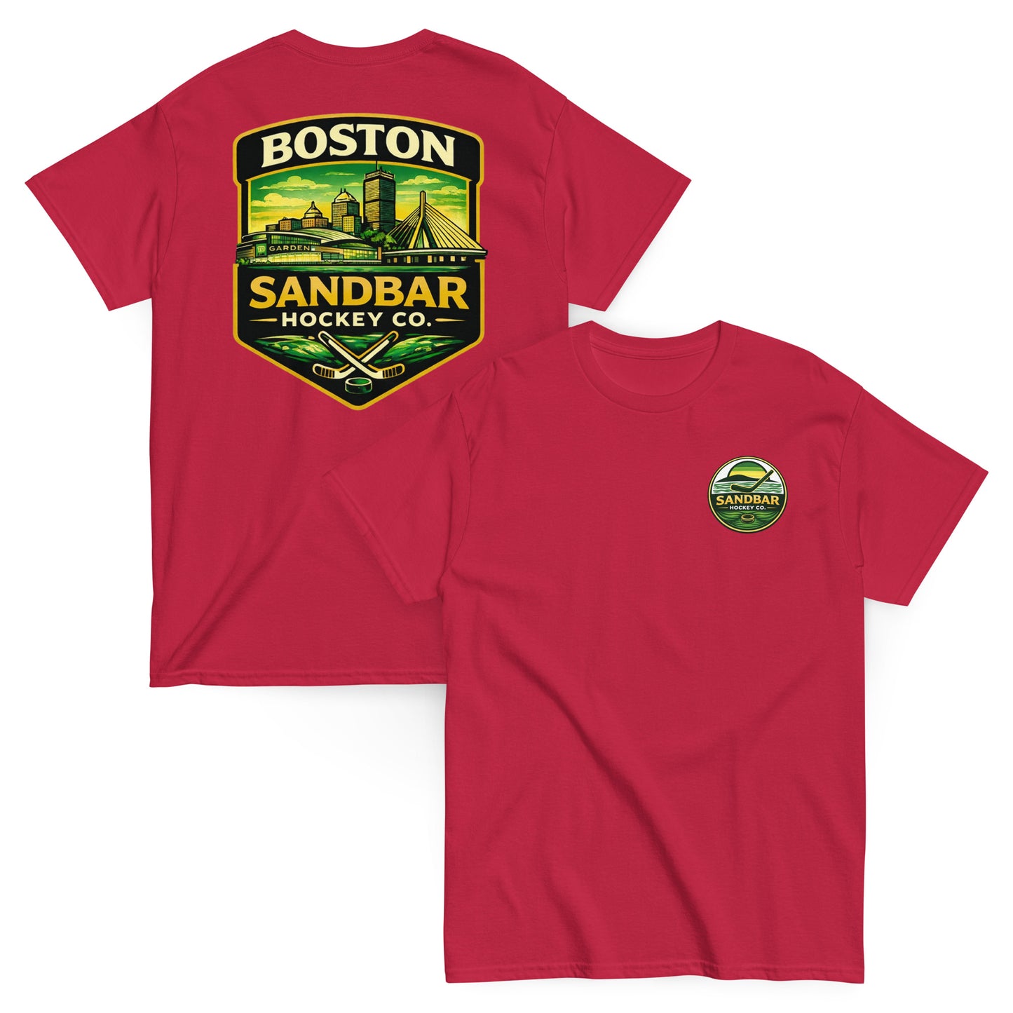 Boston Sandbar Hockey Co. red t-shirt mockup showing the front and back of the shirt, with a small circular Sandbar Hockey Co. logo on the front left chest and a large Boston skyline hockey graphic on the back.