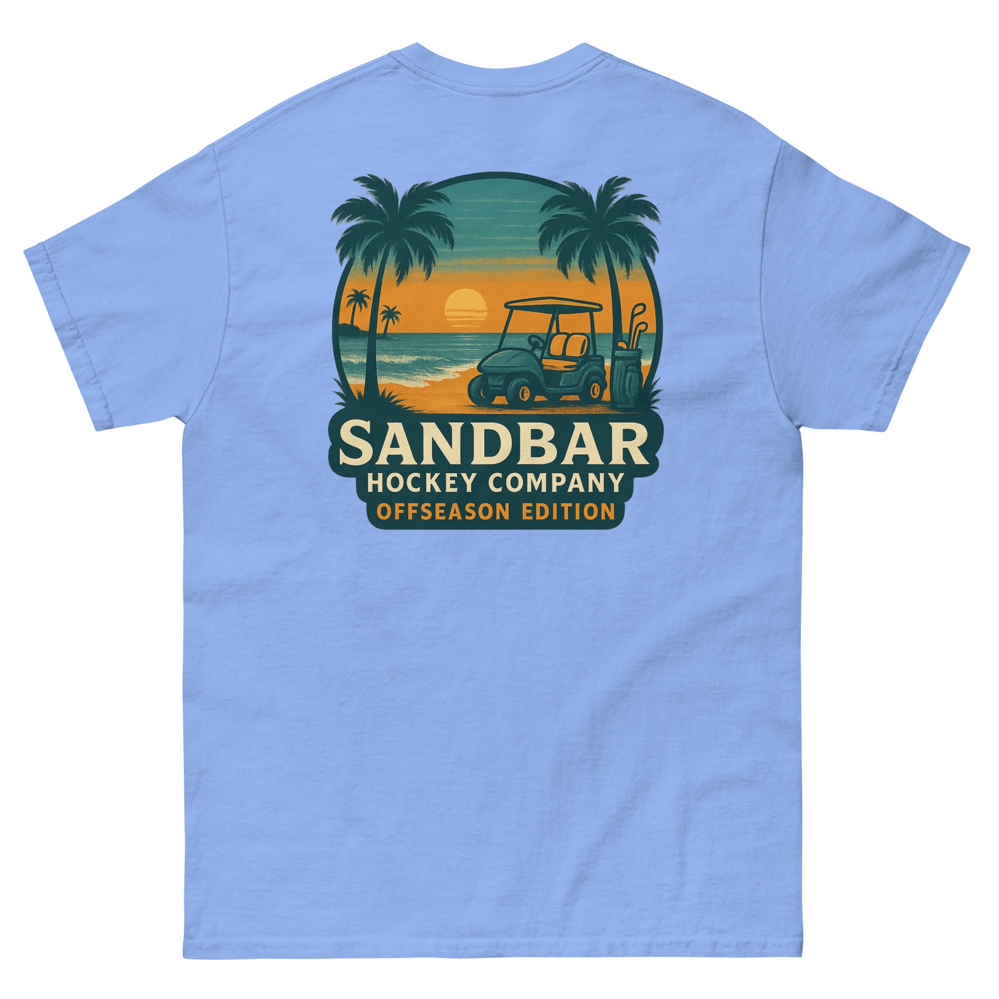 Carolina blue T-shirt with a large back graphic of a beach sunset scene featuring palm trees, ocean waves, a golf cart, hockey sticks, and the text “Sandbar Hockey Company Offseason Edition.”