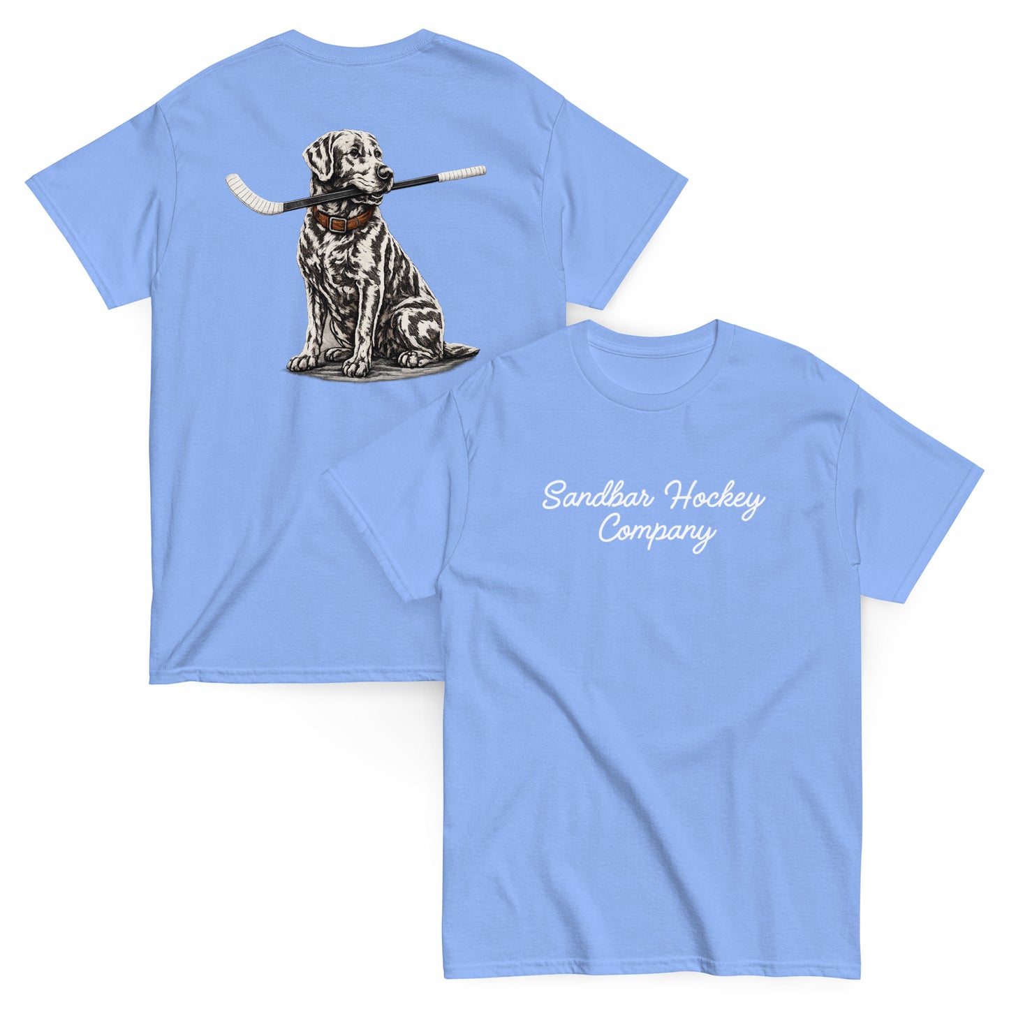 Carolina blue hockey t-shirt shown with both sides, featuring the dog-with-hockey-stick back graphic and the white Sandbar Hockey Company script logo on the front chest.