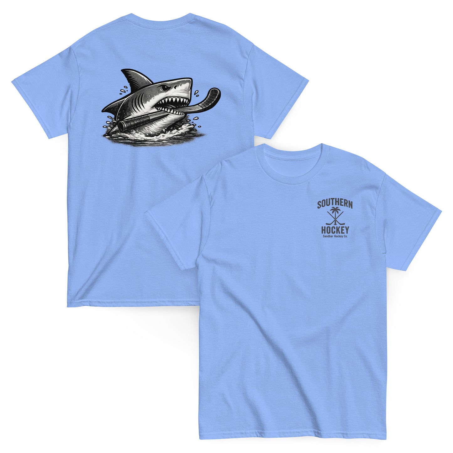 Carolina Blue Southern Hockey Sandbar Hockey Co. T-shirt with black shark hockey graphic on the back and small Southern Hockey chest logo on the front