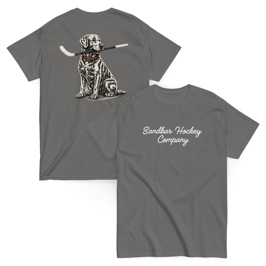 Gray hockey t-shirt shown with both sides, featuring a large back graphic of a realistic dog holding a hockey stick in its mouth and a white Sandbar Hockey Company script logo on the front chest.