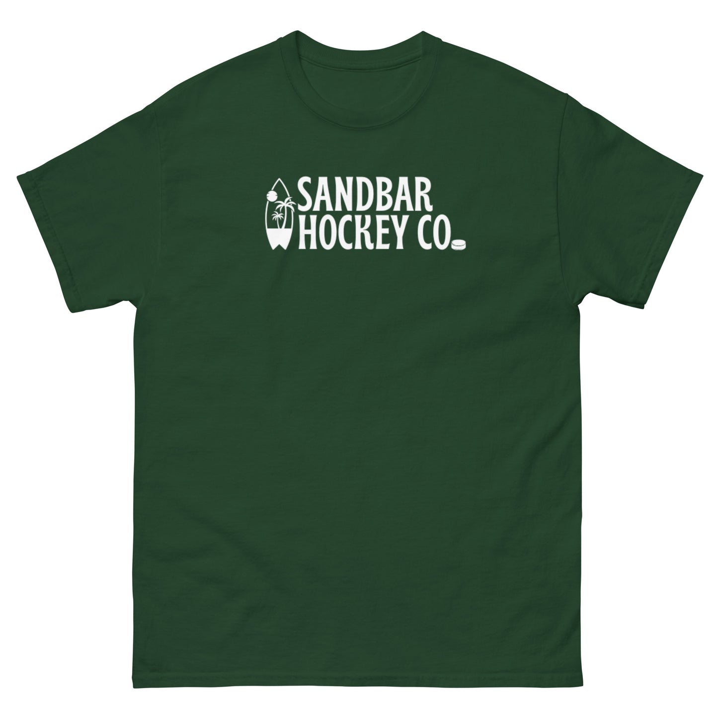Dark green Surf Stick T-Shirt with white Sandbar Hockey Co. surfboard front logo